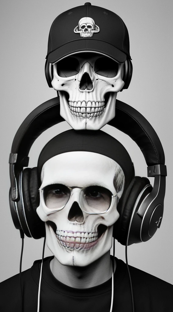 Rock-roll style human skull wearing a cap and headphones over the cap,8k UHD.