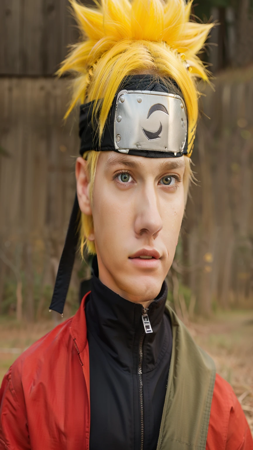 Best quality, ultra high resolution, ultra-detailed,realistic,yellow hair,18 years old,boy,Naruto Headband,