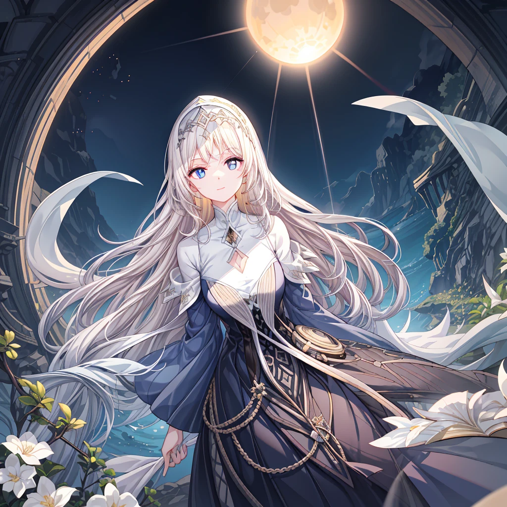 chies,one-girl,long white-blond hair,Blue pupils,hijabi sluty,Split Sister Dress,ssmile,Half open eyeeautiful skins,Glowing skin,Bigchest,moody light,and the sun was shining brightly,8k,hyper-detailing,tmasterpiece