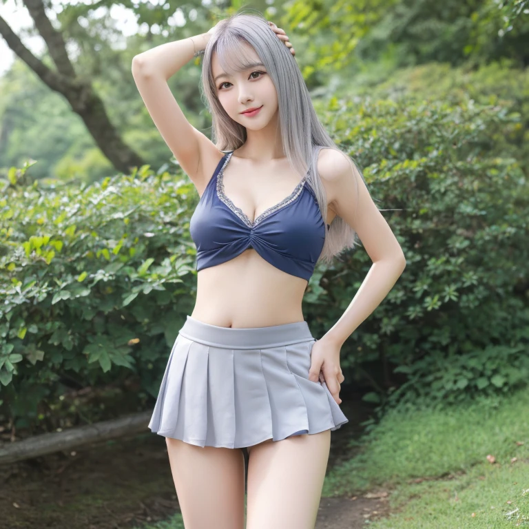 (Best Quality,8K,hight resolution,masutepiece:1.2),Ultra-detailed,extremely detailed eye and face,Beautiful detailed eyes,Beautiful detailed lips,long eyelashes,((Realistic)),Photorealistic:1.37,japanes,fine-grained white skin,Marshmallow-like skin,masutepiece,Attractive,Posing for a photo,Cute,(Silver hair color),silky smooth and straight hair,(with round face) ,Healthy smile, Attractive thighs, Raw photo, Beautiful chest line,  Full-body standing figure,Navel out,
(Mini pleated skirt in dark blue),(strapless tank top),(Clothes that show the belly button),(Dark blue high socks),(I'm wearing sandals), Hands on hips