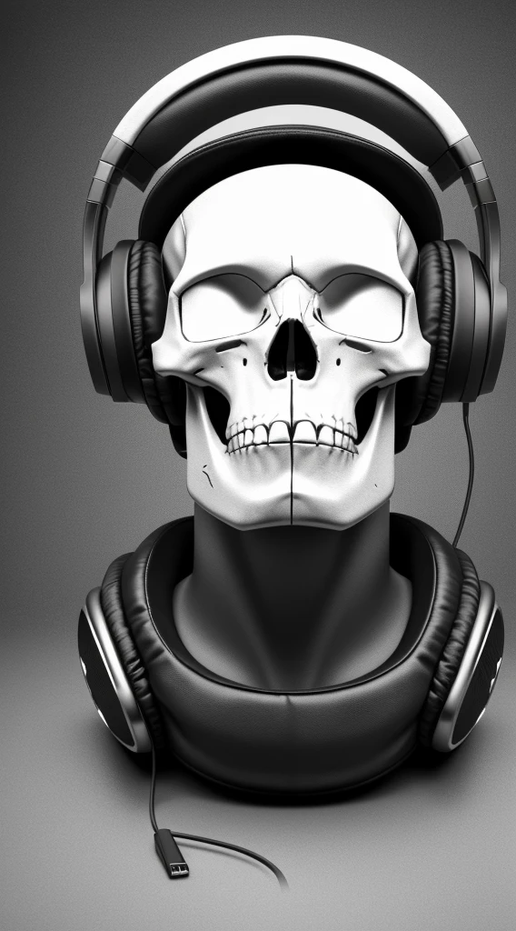 Heavy metal style human skull wearing a cap and headphones over the cap,8k UHD.