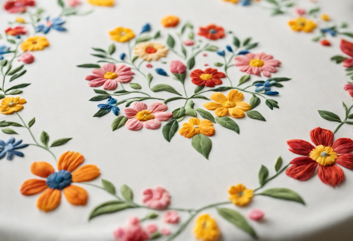 (highres, detailed, realistic) a table with a hand-embroidered tablecloth, vibrant colors, delicate stitches, elegant patterns, fine craftsmanship, intricate detailing, floral motifs, smooth fabric, neatly ironed, artistic centerpiece, exquisite design, artistic composition, perfect symmetry, natural lighting