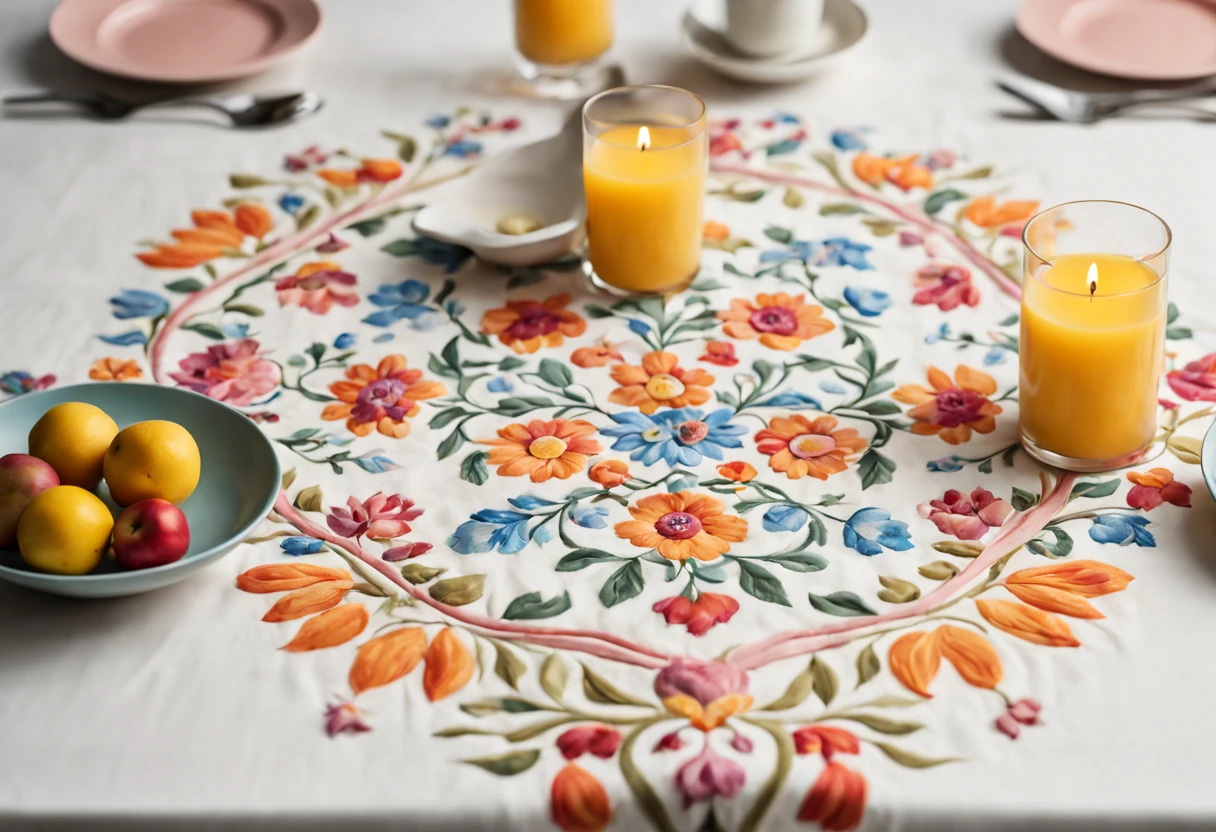 (highres, detailed, realistic) a table with a hand-embroidered tablecloth, vibrant colors, delicate stitches, elegant patterns, fine craftsmanship, intricate detailing, floral motifs, smooth fabric, neatly ironed, artistic centerpiece, exquisite design, artistic composition, perfect symmetry, natural lighting