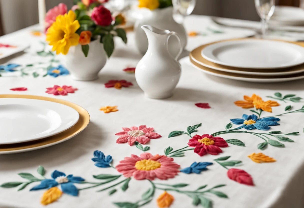 (highres, detailed, realistic) a table with a hand-embroidered tablecloth, vibrant colors, delicate stitches, elegant patterns, fine craftsmanship, intricate detailing, floral motifs, smooth fabric, neatly ironed, artistic centerpiece, exquisite design, artistic composition, perfect symmetry, natural lighting