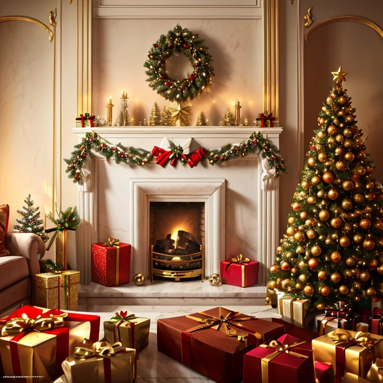 The words "Martina y Familia " on top of the fireplace, decorated for Christmas, gold color on top of the fireplace at the white marble wall , two white couch on the side, a Christmas tree with a very nice decorations and a lot of presents