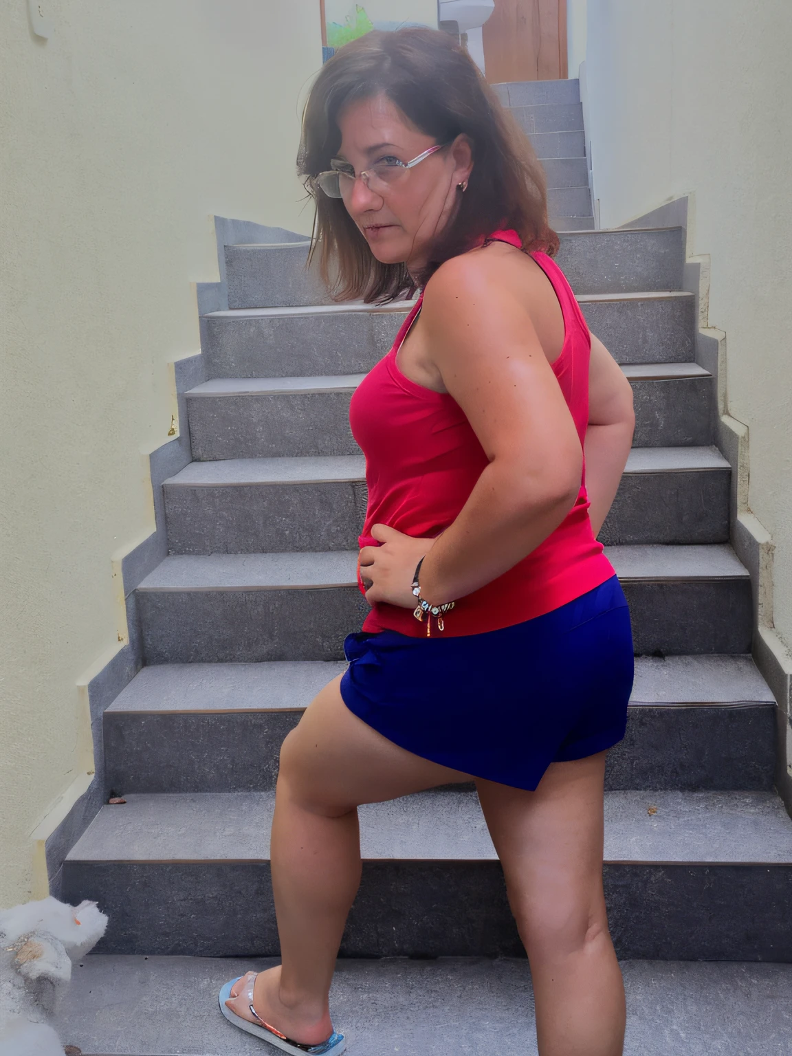 there is a woman in a red shirt and blue skirt standing on a staircase, view of the back, azul e vermelho, usando uma regata e saia, vermelho e azul, usando : Tampo do tanque, photographed from the back, seen from back, azul escuro e vermelho, photo from behind, vestindo shorts vermelhos, vermelho azul, azul e vermelho dois - tom