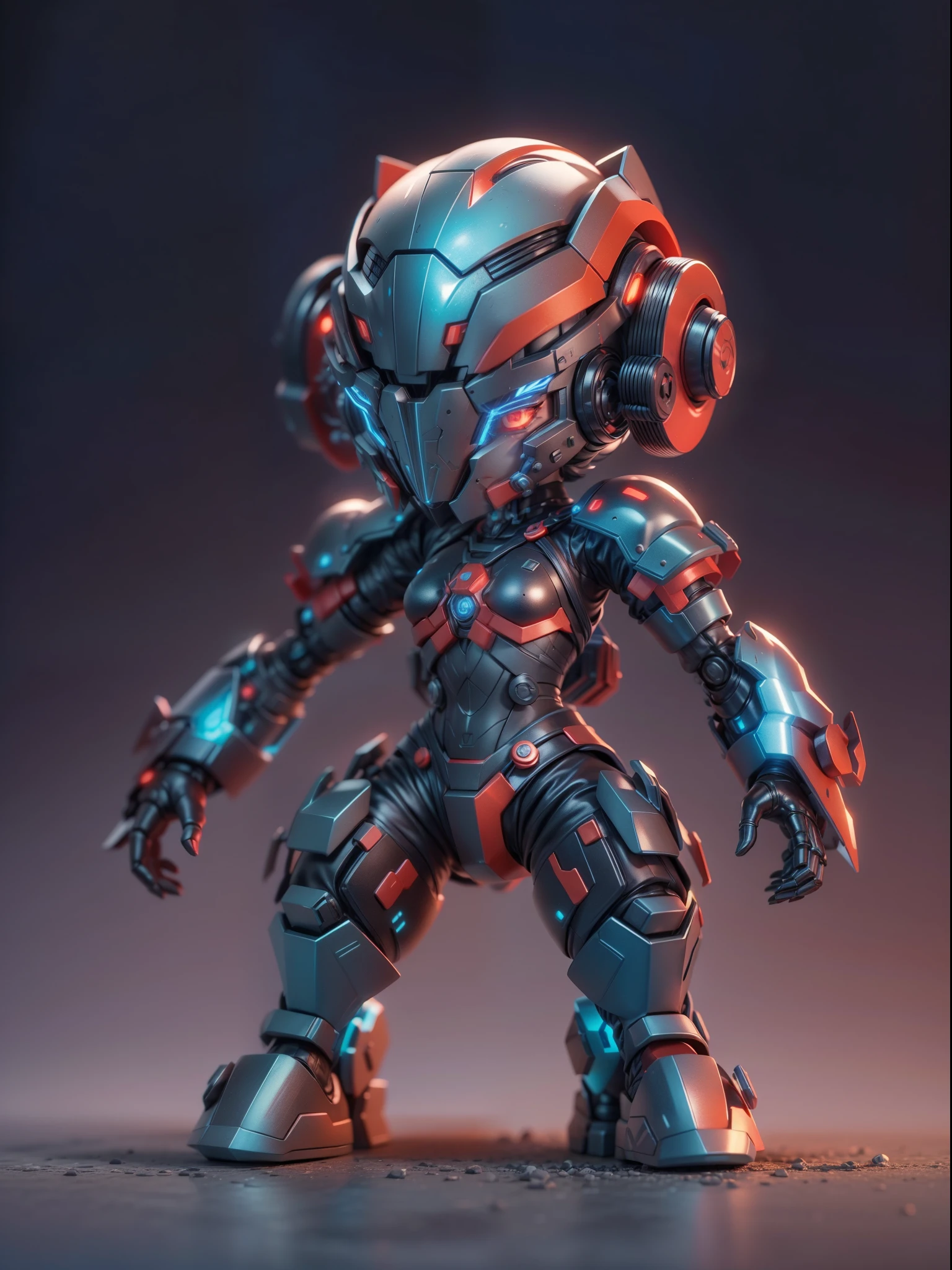 (Blind box toy style:1.2), (Full body shot) , 1 cute strong metal mage, Metal mech,Metal opaque helmet, cyber punk perssonage, dreamy glow, Clean, Black draft,red and blue style, ( Global illumination, Ray traching, hdr, unreal render,reasonable design, high detal, Masterpiece, Best quality, hyper HD, Cinematic lighting)