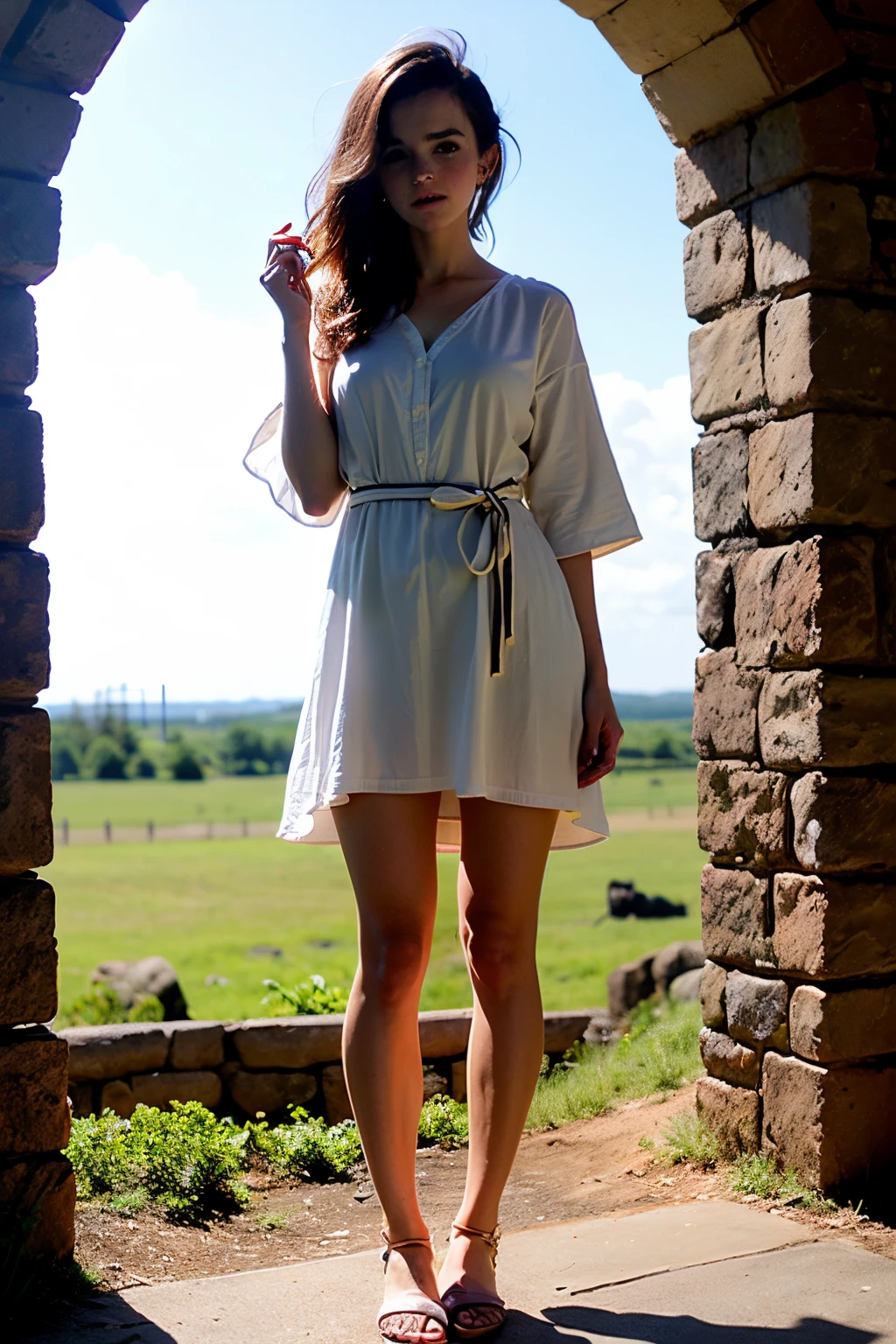 (((Emma Watson))), (Une femme très grande et mince avec de longues jambes debout sous la douche), ((Grande silhouette élancée)), (bassin étroit), (petits yeux ronds et marrons, ((petite tête)), La douche est allumée, (((Elle porte une robe de coton extrêmement longue))), (photoréaliste:1.2), (meilleur qualité), Textures de peau naturelles et réalistes, beau visage, visage doux, ((vêtements mouillés)), ((orteil de chameau distinct))