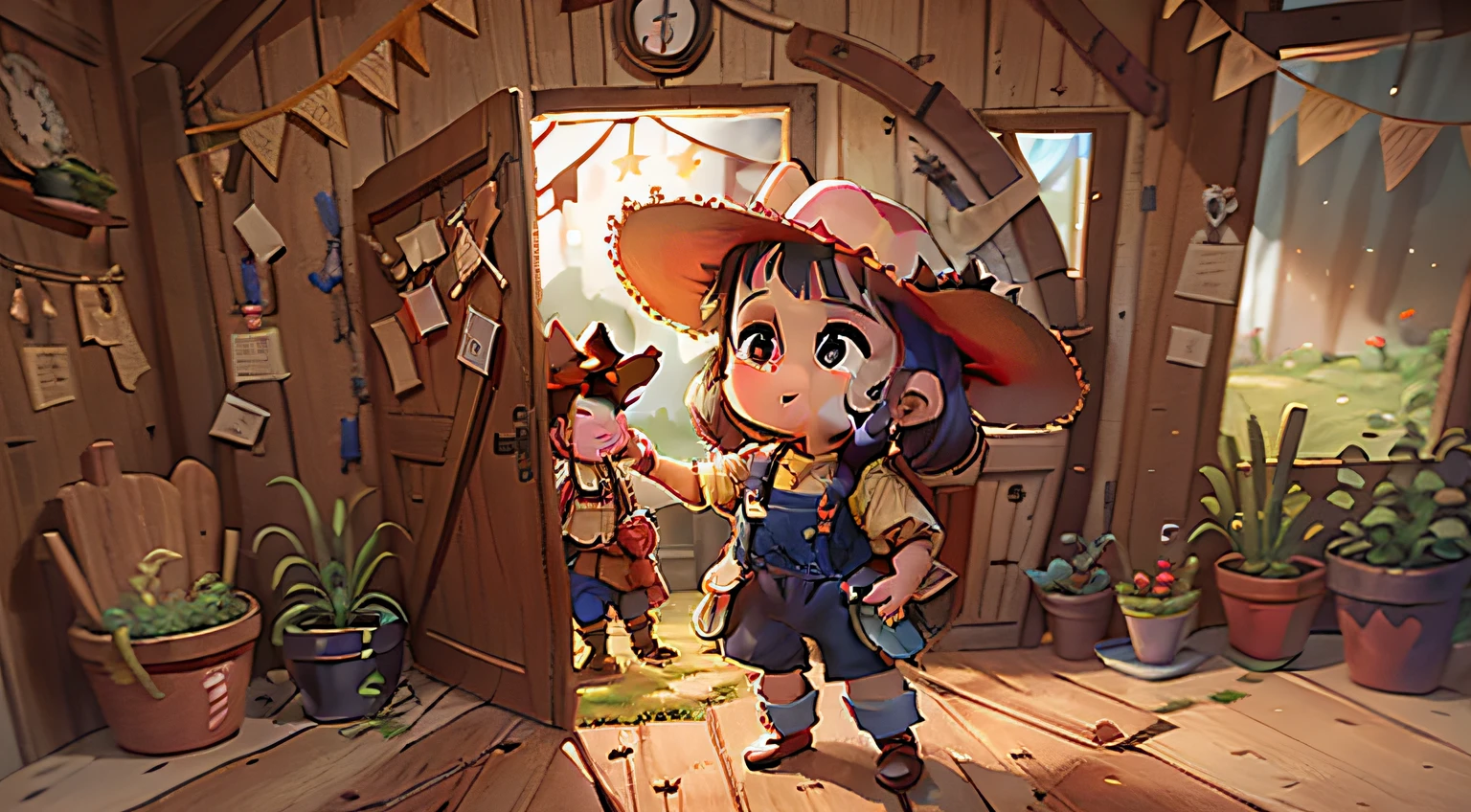 garota agricultora chamada papoula, vestindo roupas de cowboy, cowboy hat, (Menina pequena bonito) (5-6 anos) Standing, with your hand on the doorknob, abrindo uma porta no celeiro (lugar escuro: 0.8) (Desordem - Casa: 0.8), (master part: 1.2) (Realistic: 1.2) (Bokeh) (best quality) (detalhes complexos) (8k) (foco nítido), (pele detalhada: 1.2)