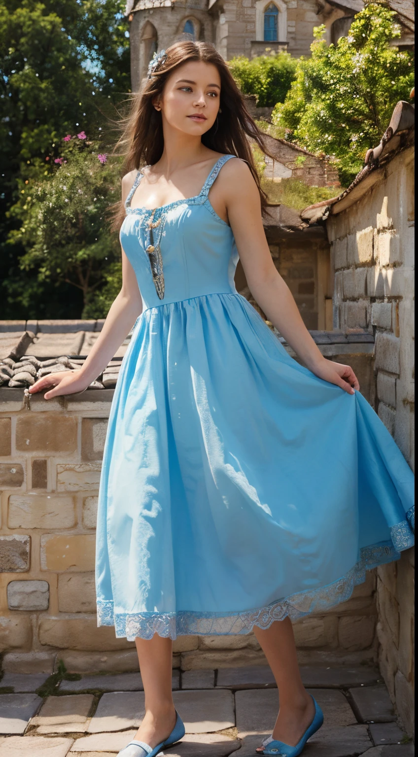 Realistic image,princess in a blue princess dress,standing on the roof of a castle,standing in sun rays,sunny day,high resolution image,natural environment,detailed facial features,oil painting,graceful posture,standing with her arms open like enjoying the sunrays