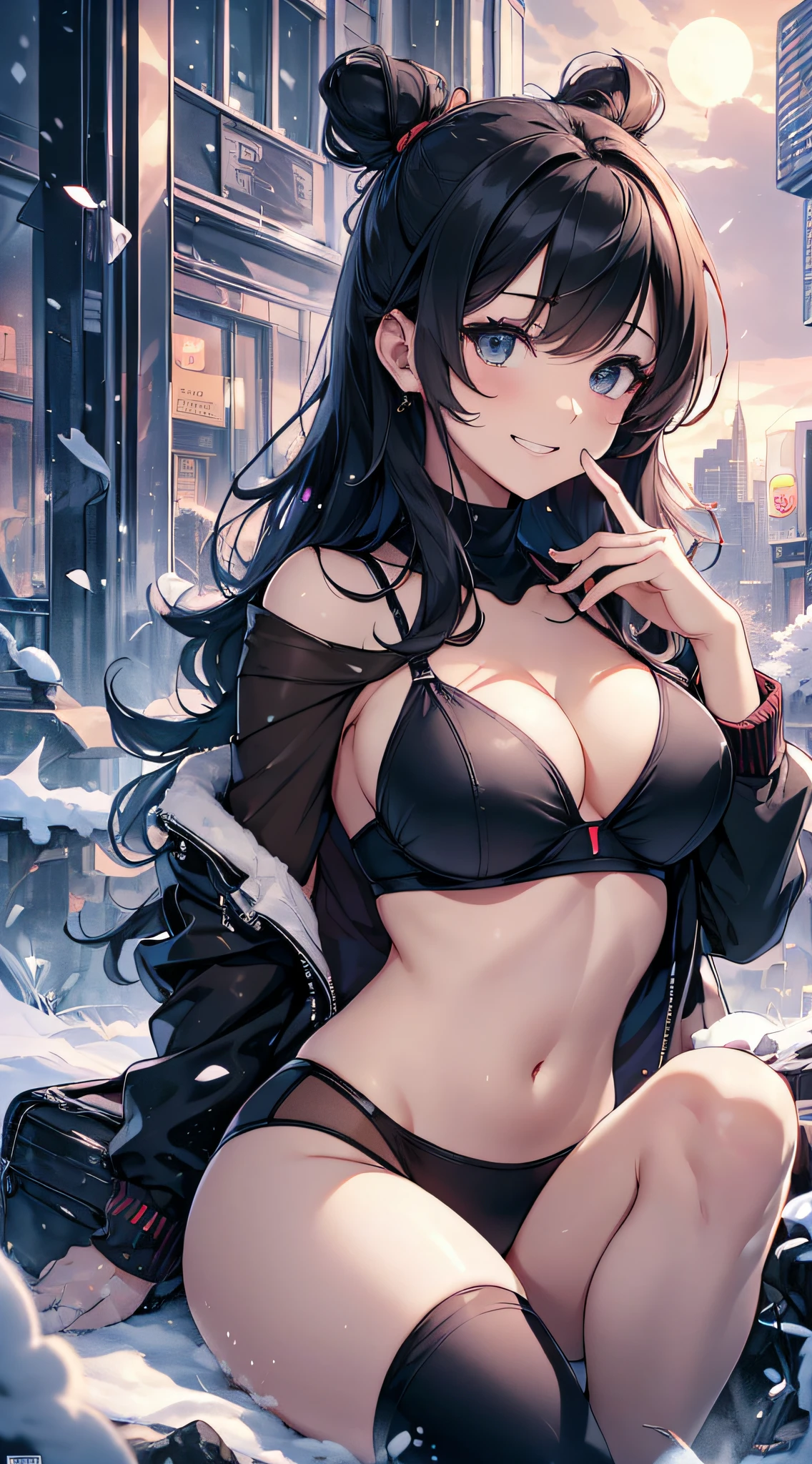 top-quality、Top image quality、​masterpiece、 girl((Black Duffel Coat、Black Sports Bra、black trousers、Canned coffee in hand、18year old、 Ager、Best Bust、big bast,Black eyes, Long Black Hair、A slender,Large valleys、Reflecting the whole body、Sit up、grin、Spread your legs apart、sexypose)),hiquality、Beautiful Art、Background with((snow blowing、glowing sun、city nigth 、Yuki))​masterpiece、depth of fields,Japan Anime Style