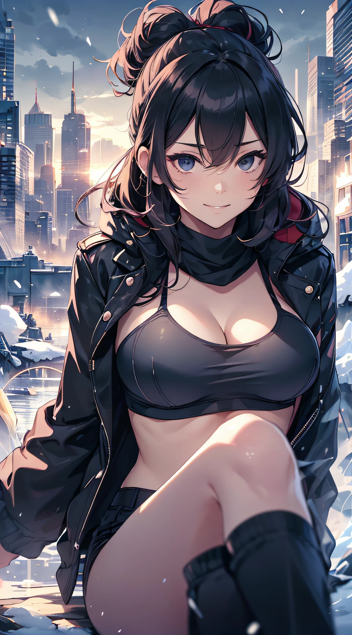 top-quality、Top image quality、masterpiece、Teenage girl((Black Duffel Coat、Black Sports Bra、black trousers、Canned coffee in hand、18year old、 Ager、Best Bust、big bast,Black eyes, Long Black Hair、A slender,Large valleys、Reflecting the whole body、Sit up、grin、Spread your legs apart、sexypose)),hiquality、Beautiful Art、Background with((snow blowing、glowing sun、city nigth 、Yuki))masterpiece、depth of fields,Japan Anime Style