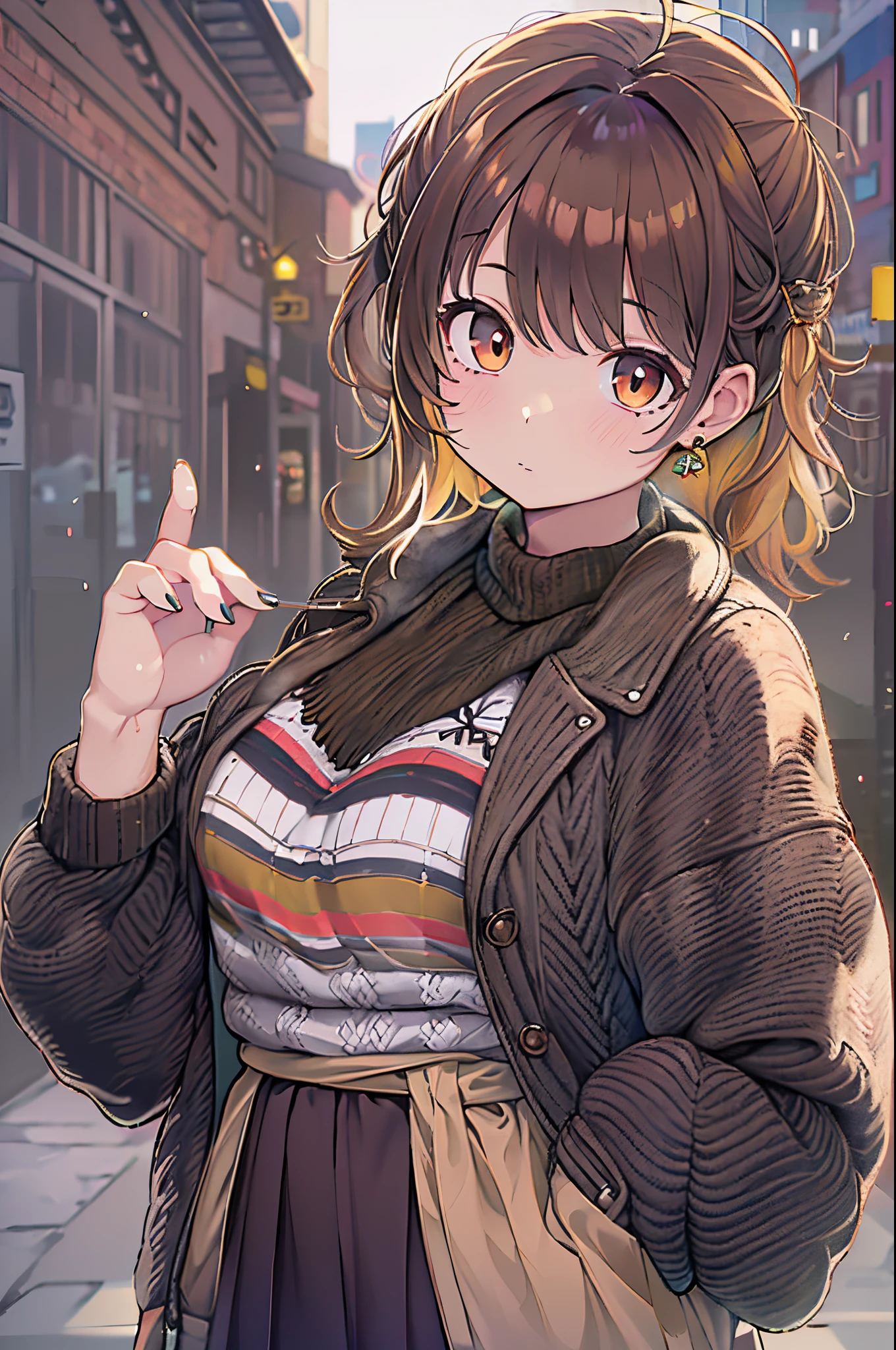 Lorua,, , 1girl in, Ahoge, Bangs, Black skirt, Black sweater, Blue Nails, Blurry, Blurry background, breasts, Brown eyes, Brown hair, Brown jacket, Closed mouth, fixed, day, depth of fields, earrings, Eyelashes, Hand up, Head tilt, Jacket, Jewelry, Long hair, Long sleeves, Looking at Viewer, medium breasts, nail polish, Open your clothes, Open jacket, Outdoors, puckered lips, shirt tucked in, side locks, Skirt, sleeves past wrists, Solo, Sweaters, Upper body, zippers, , , ((masutepiece)), ,