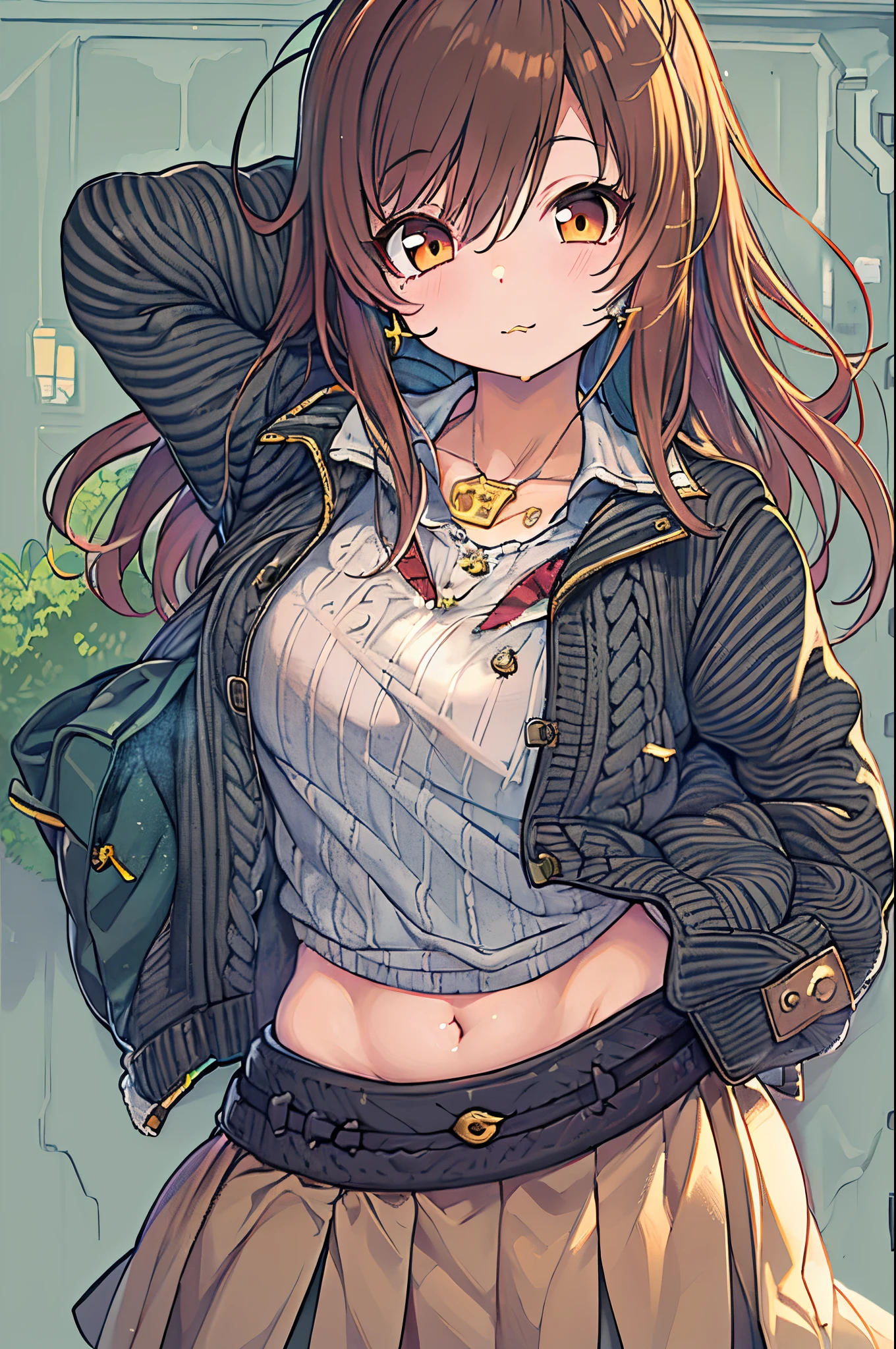 Lorua,, , 1girl in, Ahoge, Bangs, Black skirt, Black sweater, Blue Nails, Blurry, Blurry background, breasts, Brown eyes, Brown hair, Brown jacket, Closed mouth, fixed, day, depth of fields, earrings, Eyelashes, Hand up, Head tilt, Jacket, Jewelry, Long hair, Long sleeves, Looking at Viewer, medium breasts, nail polish, Open your clothes, Open jacket, Outdoors, puckered lips, shirt tucked in, side locks, Skirt, sleeves past wrists, Solo, Sweaters, Upper body, zippers, , , ((masutepiece)), ,