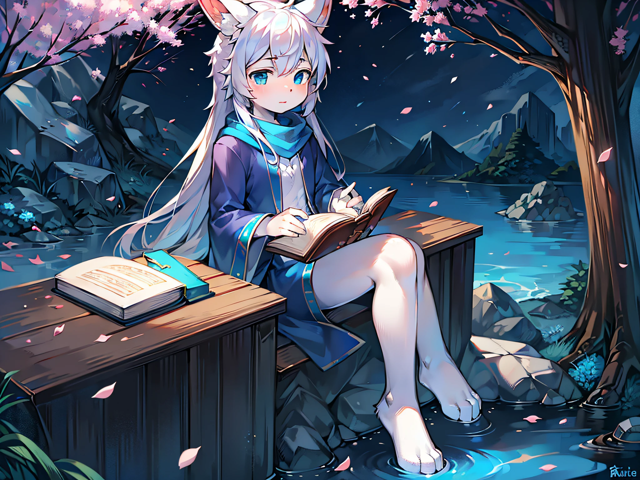 A white rabbit,Long blue scarf,long blue robes,A rock,Blue scarf,Clear blue sky,Long rabbit ear hair,long sleeves shirt,shota,white color hair,Fluttering petals,k hd,The face is clear,quill,snowflower,parchment,Lamei,Holding plum blossom branch in hand,book in hand,bigger,eBlue eyes,rabbitears,sitting on a rock in the sea