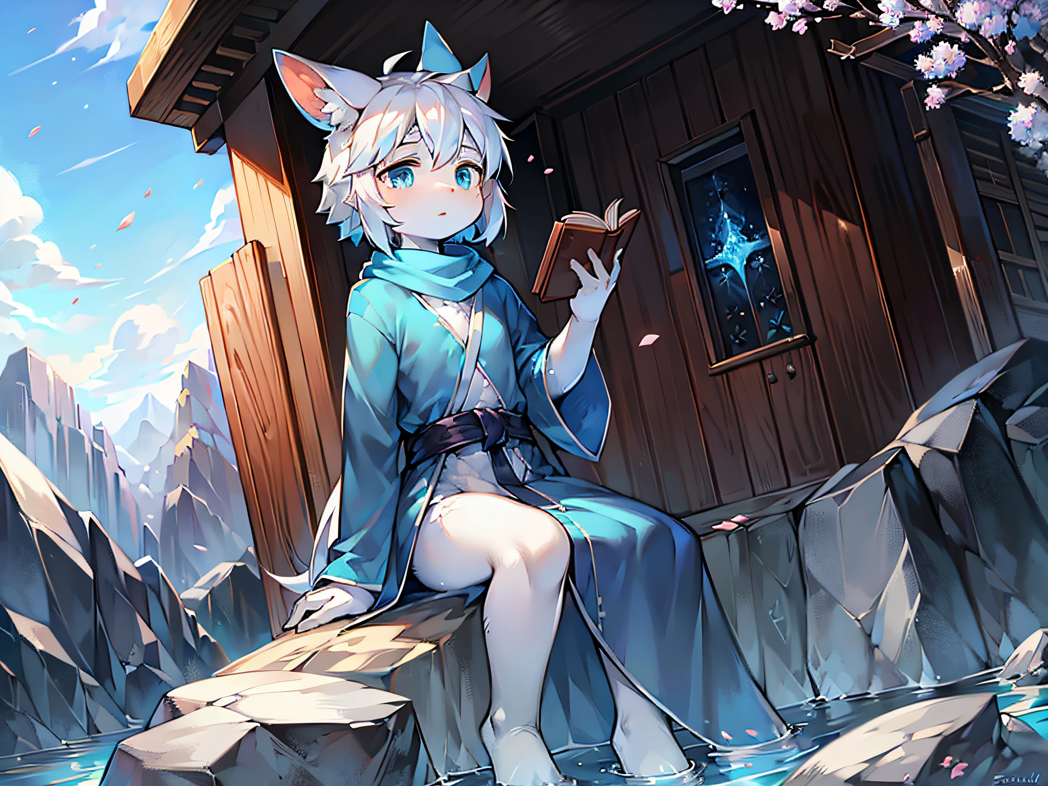 A white rabbit,Long blue scarf,long blue robes,A rock,Blue scarf,Clear blue sky,Long rabbit ear hair,long sleeves shirt,shota,white color hair,Fluttering petals,k hd,The face is clear,quill,snowflower,parchment,Lamei,Holding plum blossom branch in hand,book in hand,bigger,eBlue eyes,rabbitears,sitting on a rock in the sea