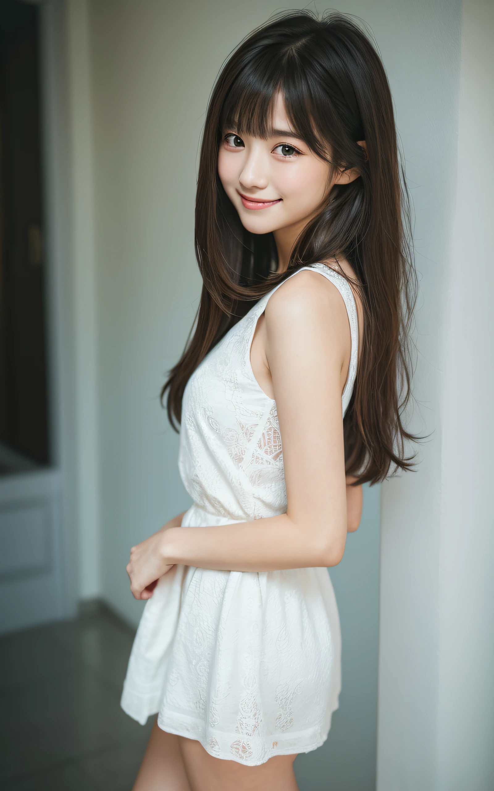 masutepiece, Best Quality, 8K, 1 girl, 20 yo, Closed mouth, Happy smile, Full body, (Full body:1.4), Solo, Cute, Girly, Delicate girl, Neat and clean beauty, Raw photo, Professional Photography, Portrait, Soft light, Professional Lighting, Back lighting, Look away, looking at away, Sophisticated, Film grain, (Eyes and faces with detailed:1.0), medium length floating hair, Beautiful flowing hair, Bangs