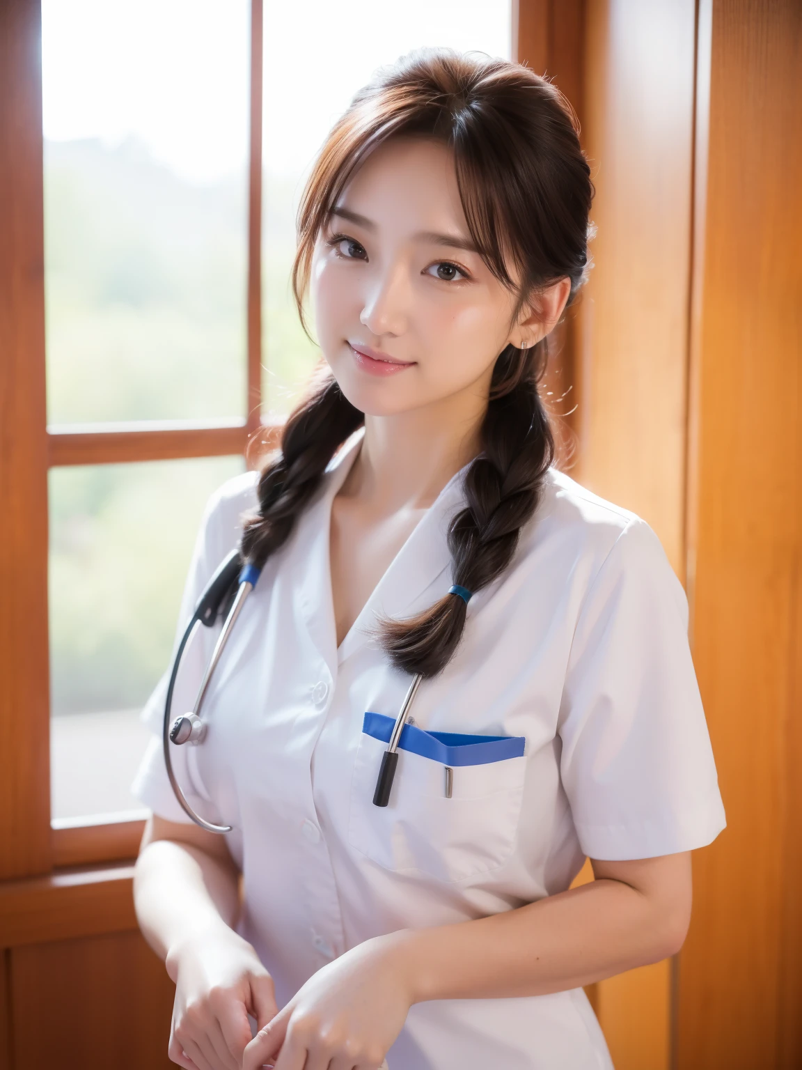 (4K、RAW Photos、top-quality、)、(realisitic、)、ultra-detailliert、超A high resolution、JPNIDOL, 1girl in, poneyTail,Nurse, nurse's outfit,Manteau blanc,hightquality, stethoscope ,Viewer's Perspective,8k wallpaper、Magnificent、finely detail、Light on the Face、电影灯光、1 Front