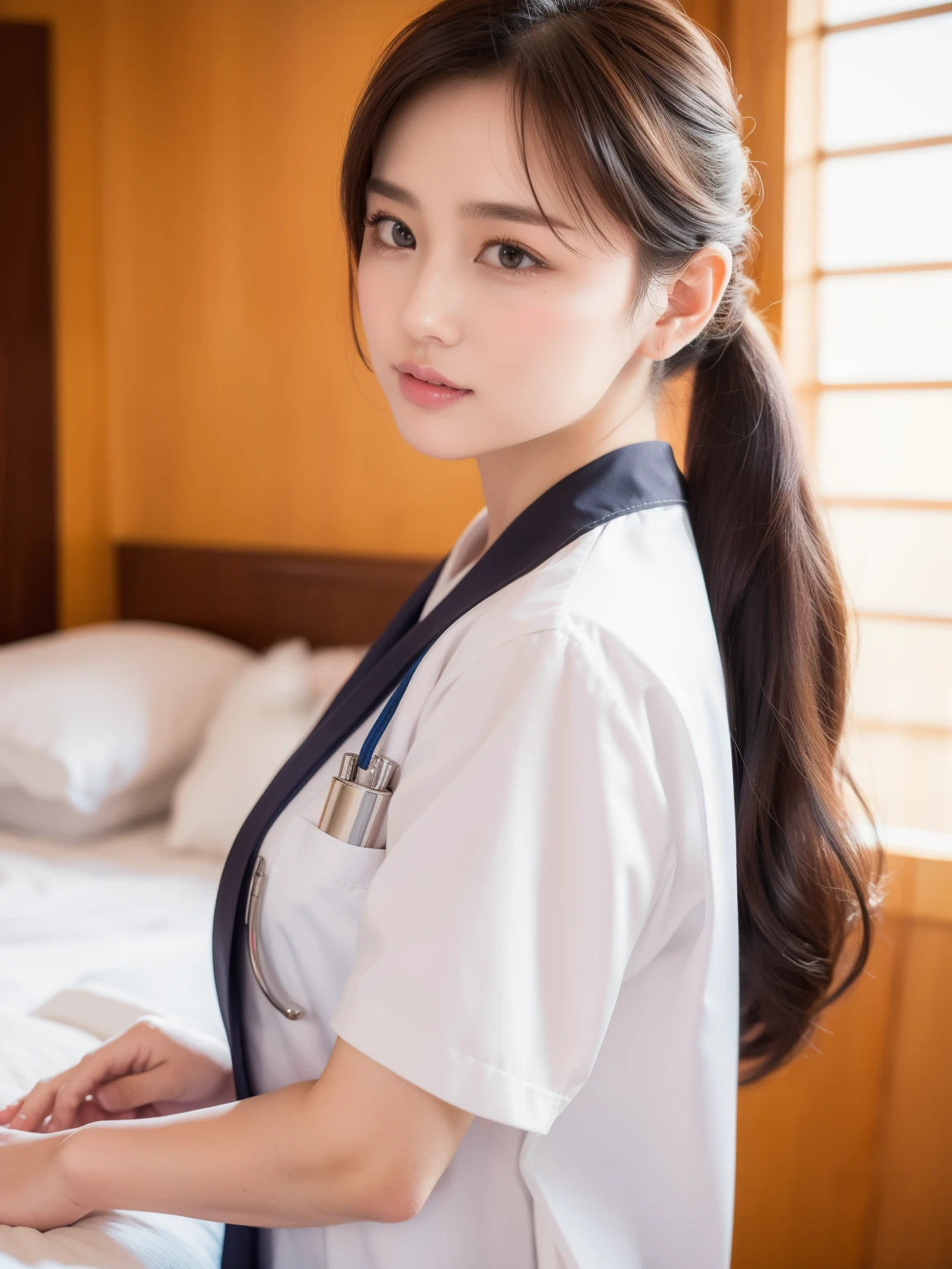 (4K、RAW Photos、top-quality、)、(realisitic、)、ultra-detailliert、超A high resolution、JPNIDOL, 1girl in, poneyTail,Nurse, nurse's outfit,Manteau blanc,hightquality, stethoscope ,Viewer's Perspective,8k wallpaper、Magnificent、finely detail、Light on the Face、电影灯光、1 Front