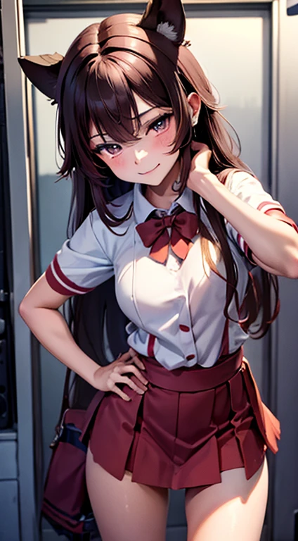 A girl in a Japanese high school uniform leaning against one of the school lockers, holding a knife painted abstract and red and holding a love letter in her left hand, red pupil eyes with a menacing smile, black hair and wearing a short skirt, school locker background, anime style science fiction,HD 8K.