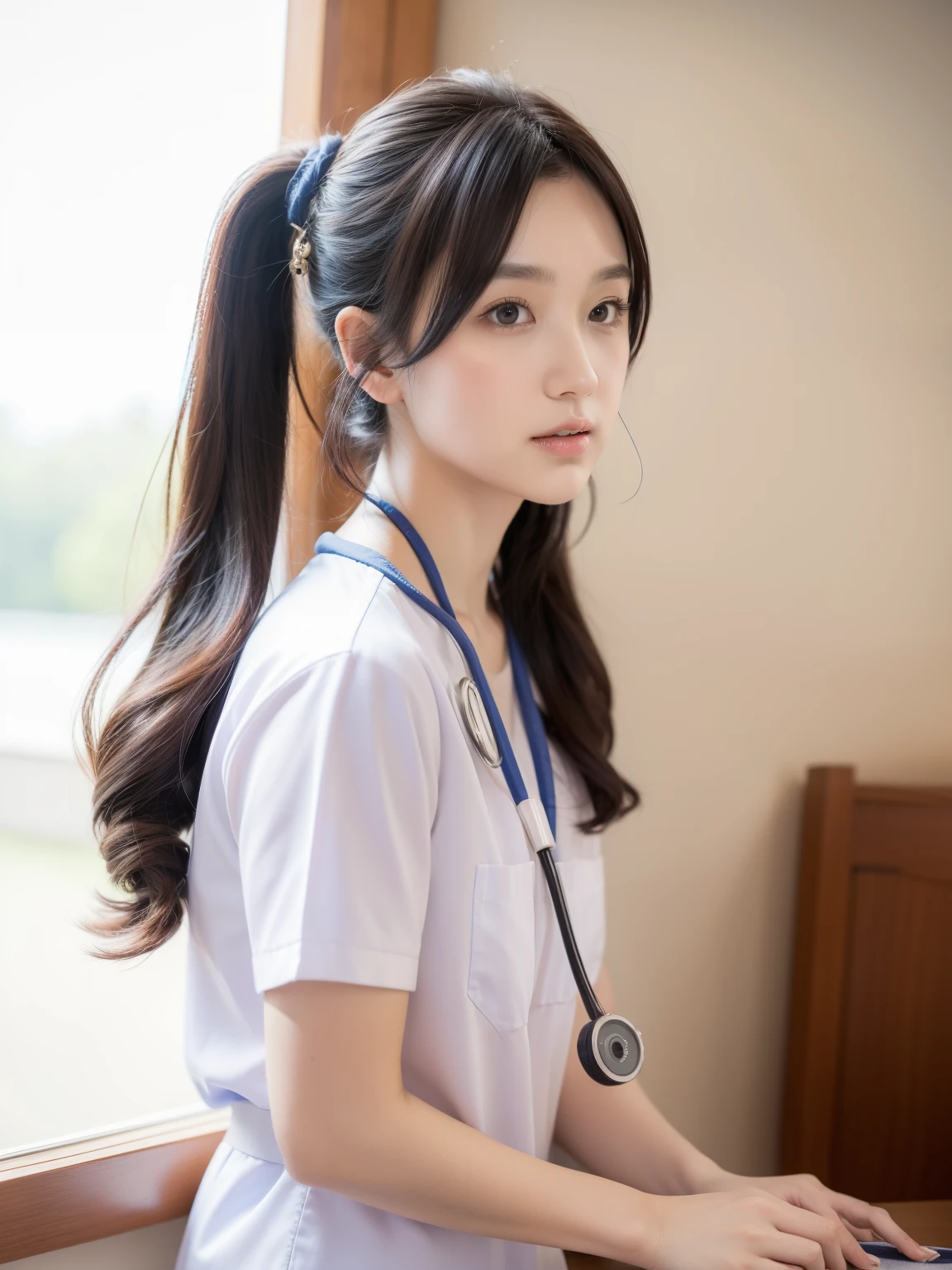 (4K、RAW Photos、top-quality、)、(realisitic、)、ultra-detailliert、超A high resolution、JPNIDOL, 1girl in, poneyTail,Nurse, nurse's outfit,Manteau blanc,hightquality, stethoscope ,Viewer's Perspective,8k wallpaper、Magnificent、finely detail、Light on the Face、电影灯光、1 Front