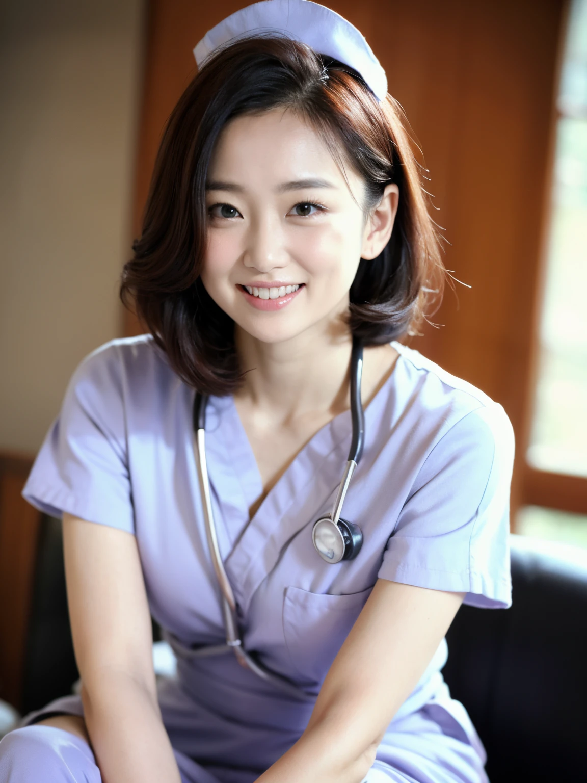 (top-quality、masterpiece、电影灯光、)、phot of a beautiful Japanese women、Glossy reddish-brown shorthair、hair pin、disheveled hair、Floating hair、beauitful face、Slouched、crouching down、(Nurse、nurse's outfit、No nurse cap、Wrap the stethoscope around your neck、)Beautiful chest line、Hourglass body、A smile that captivates the viewer、Look into the cameraman and talk、bring the face of a hospitalized patient closer、shinny skin、Bold sexy pose beautiful fingers、