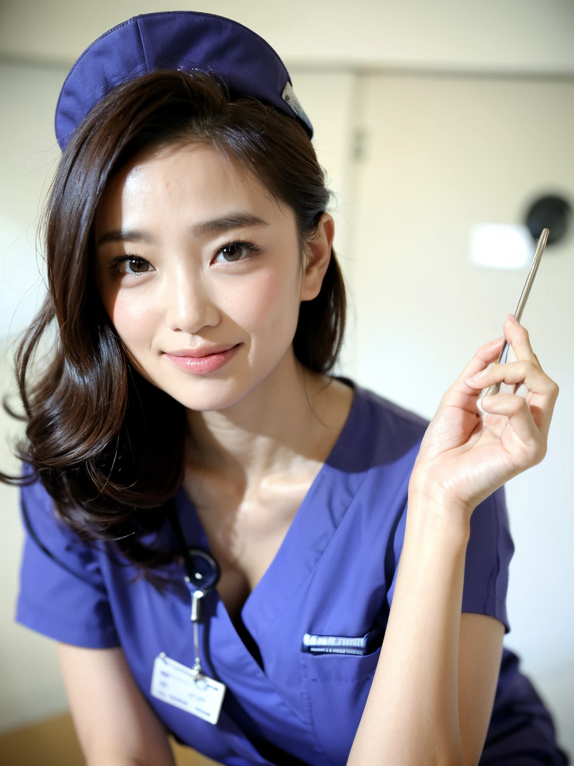 (top-quality、​masterpiece、电影灯光、)、phot of a beautiful Japanese women、Glossy reddish-brown shorthair、hair pin、disheveled hair、Floating hair、beauitful face、Slouched、crouching down、(Nurse、nurse's outfit、No nurse cap、Wrap the stethoscope around your neck、)Beautiful chest line、Hourglass body、A smile that captivates the viewer、Look into the cameraman and talk、bring the face of a hospitalized patient closer、shinny skin、Bold sexy pose beautiful fingers、