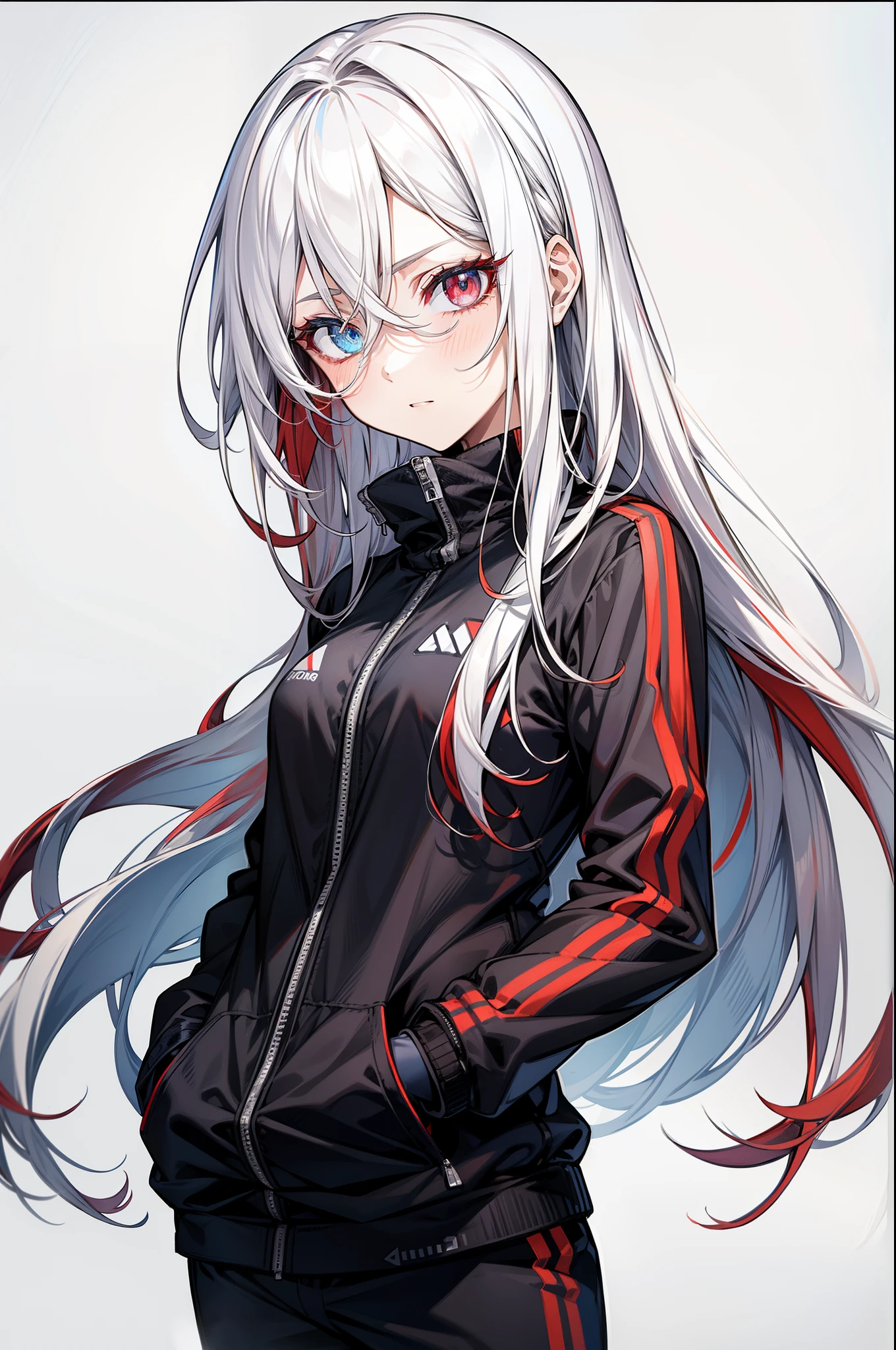 white hair, messy hair, long hair, (expressive eyes, heterochromia, blue eye, red eye, glowing eyes, jig eyes, jitome), [(white background:1.9)::0.9], [(transparent background:1.3)::5], \\ masterpiece, best quality, official art, white theme, (ultra-detailed), (illustration), cold face, looking_at_viewer, 1girl,solo, [(white hair:1.2):(red hair:1.2):0.5], long hair, wavy hair, ((expressionless)), (((black tracksuit))), cute face, red_inner_hair, lots of bandages, (hands in the pocket:1.4), bandage on face