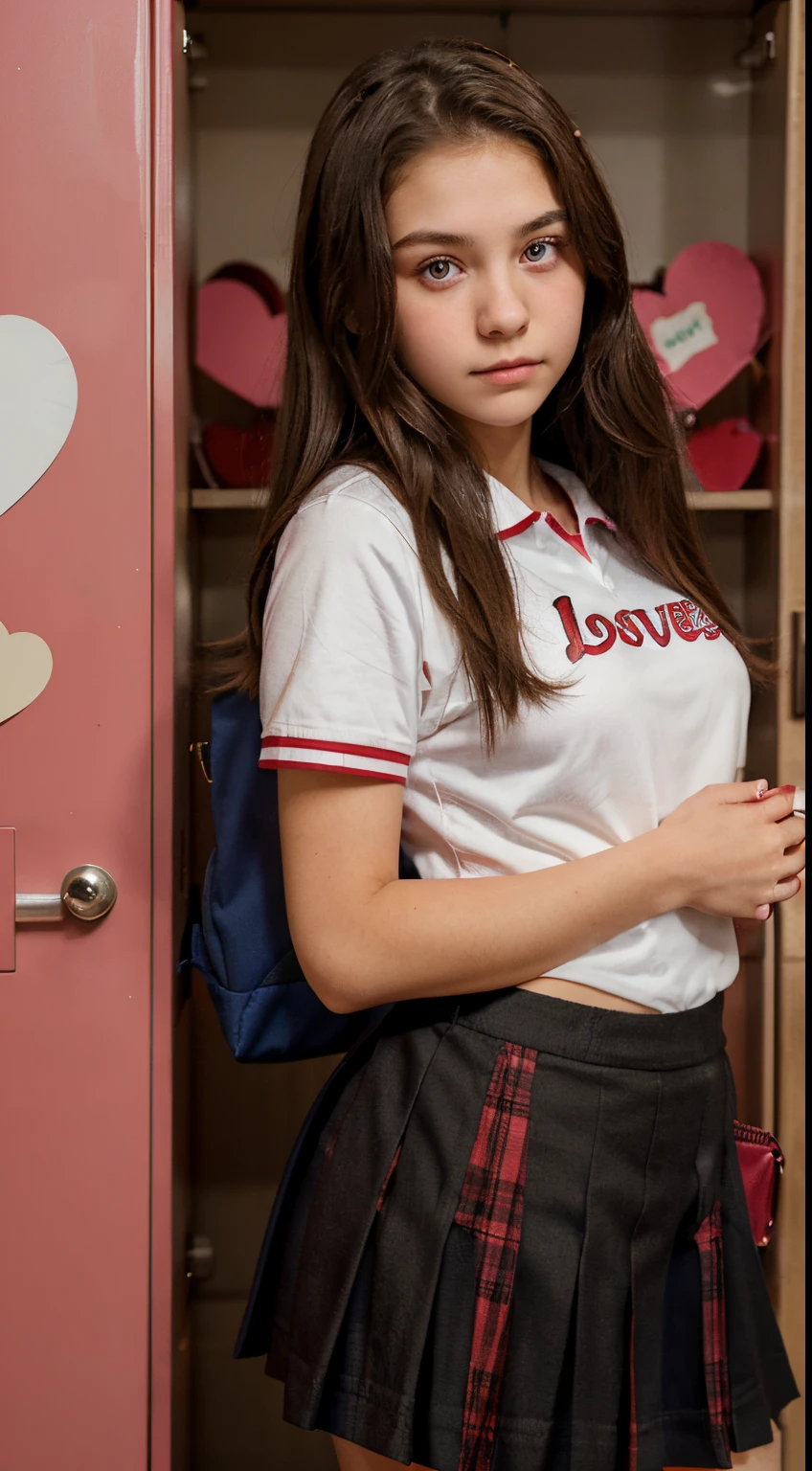 teenage girl in high school uniform leaning against a locker while holding a love letter in her left hand and a knife in her right hand, red eyes with love-shaped pupils
