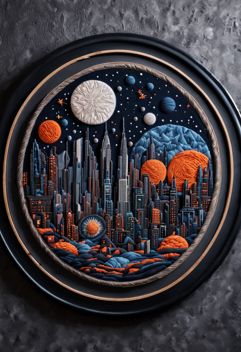 retro futuristic city on the moon, dark and gritty scifi, (embroidery circle, 3d framed embroidery, macro detailed stitching, intricate fabric texture), needle embroidery, Needlepoint, fantasy art, whimsical, (best quality, masterpiece, Representative work, official art, Professional, unity 8k wallpaper:1.3)