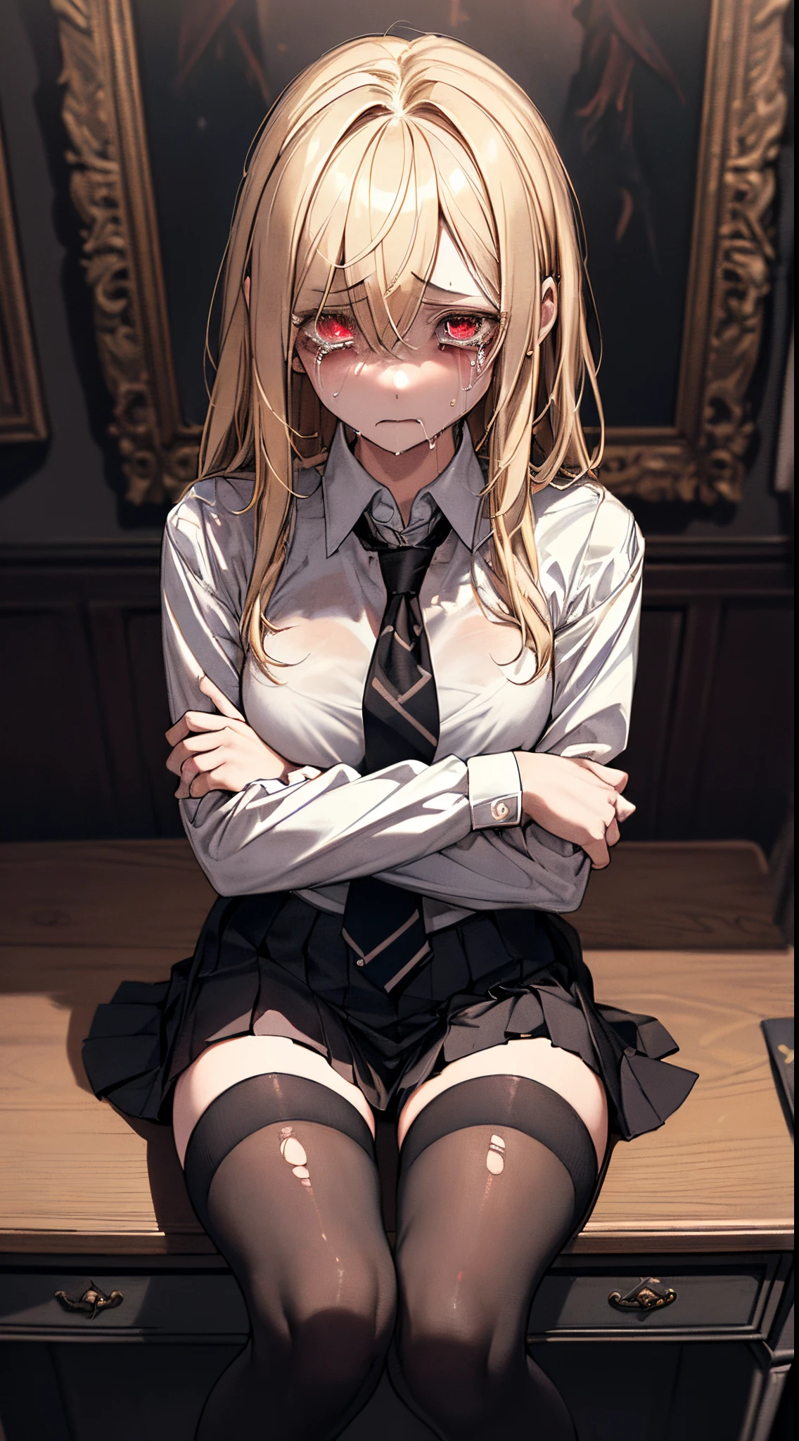 (best quality, masterpiece), 1girl, solo,sitting on a desk,  beautiful face, blonde hair, torn clothes, torn legwear, dark school uniform, black thighhighs, moldy room, scared,crying, terrified face, itricate details, tied arms behind head, dark atmosphere, danger,