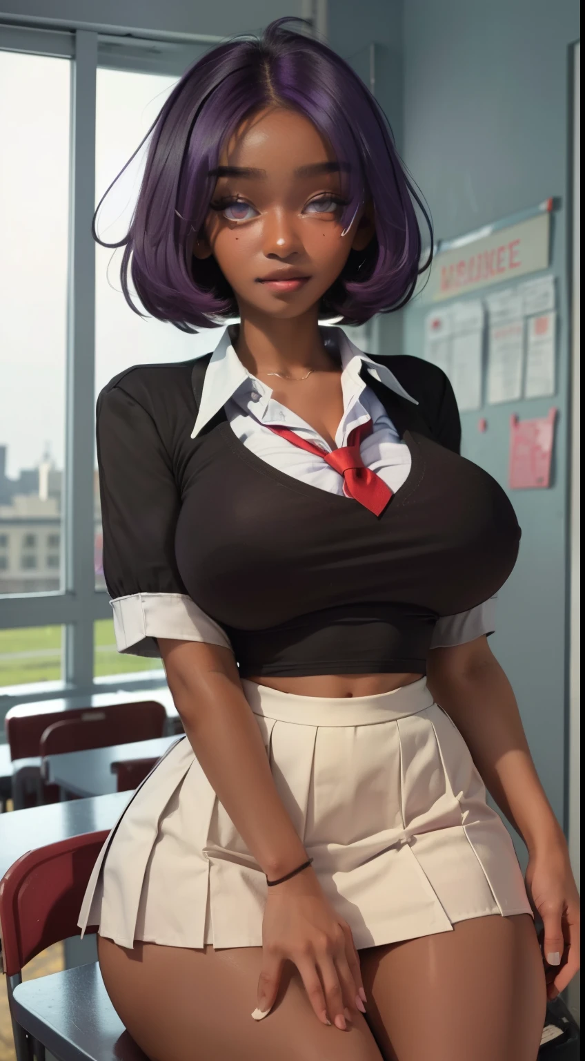 ((masterpiece)),(best quality),(detailed), 1girl, short hair, purple hair, messy hair, ((red eyes)), grin, (dark skin:1.3), white school shirt, school skirt, portrait, classroom, huge breasts