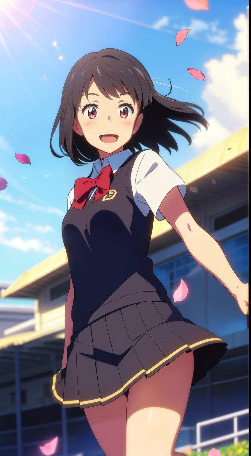 Modelshoot style, masutepiece, absurderes, Best Quality, Perfect Anatomy, shinkai makoto, Kimi no Na wa., 1girl in, Bangs, Black hair, Brown eyes, blush, Solo, Idol, Short hair, Hair Flower, bow ribbon, Bow, Standing on one leg, armlet, Bracelet, Arm Ribbon, thighs thighs thighs thighs, outstretched arm, flower petals, Red headband, Floating hair, Dynamic Pose, Cinematic Angle, Cowboy Shot, light Particle, spark of light, Beautiful detailed eyes, Shiny skin, Shiny hair, sun beam, Wide Shot, depth of fields, Backlighting, day, Beautiful clouds, Gradient sky, Dappled sunlight, contrail, Outdoors, reflective floor, Park, Flowery meadow, Wind, Cute, Smile, Open mouth, :D, cheer girl, pompoms \(cheer leading\), 鎖骨, layered skirts, Pleated skirt, Short sleeves, Outdoors, School