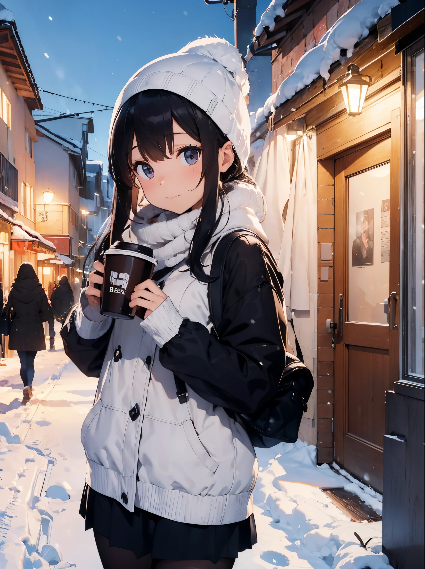 Morena,Alta,Winter clothes,snow weather on the street,Drinking coffee