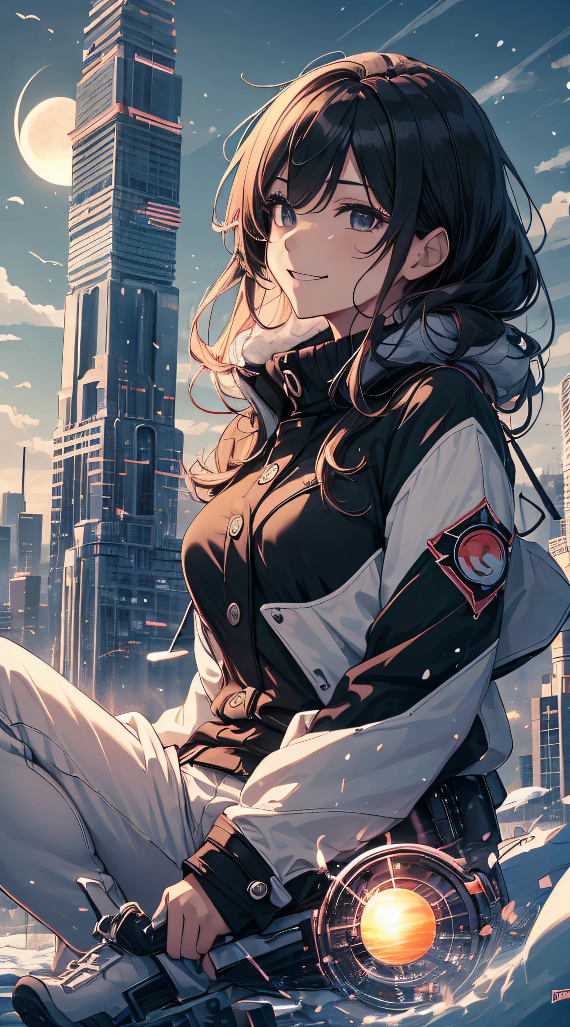 top-quality、Top image quality、​masterpiece、Teenage girl((Black Duffel Coat、Black shirt、long black trousers、Canned coffee in hand、18year old、 Ager、Best Bust、big bast,Black eyes, Long Black Hair、A slender,Large valleys、Reflecting the whole body、Sit up、grin、Spread your legs apart、S)),hiquality、Beautiful Art、Background with((snow blowing、glowing sun、city nigth 、Yuki))​masterpiece、depth of fields,Japan Anime Style
