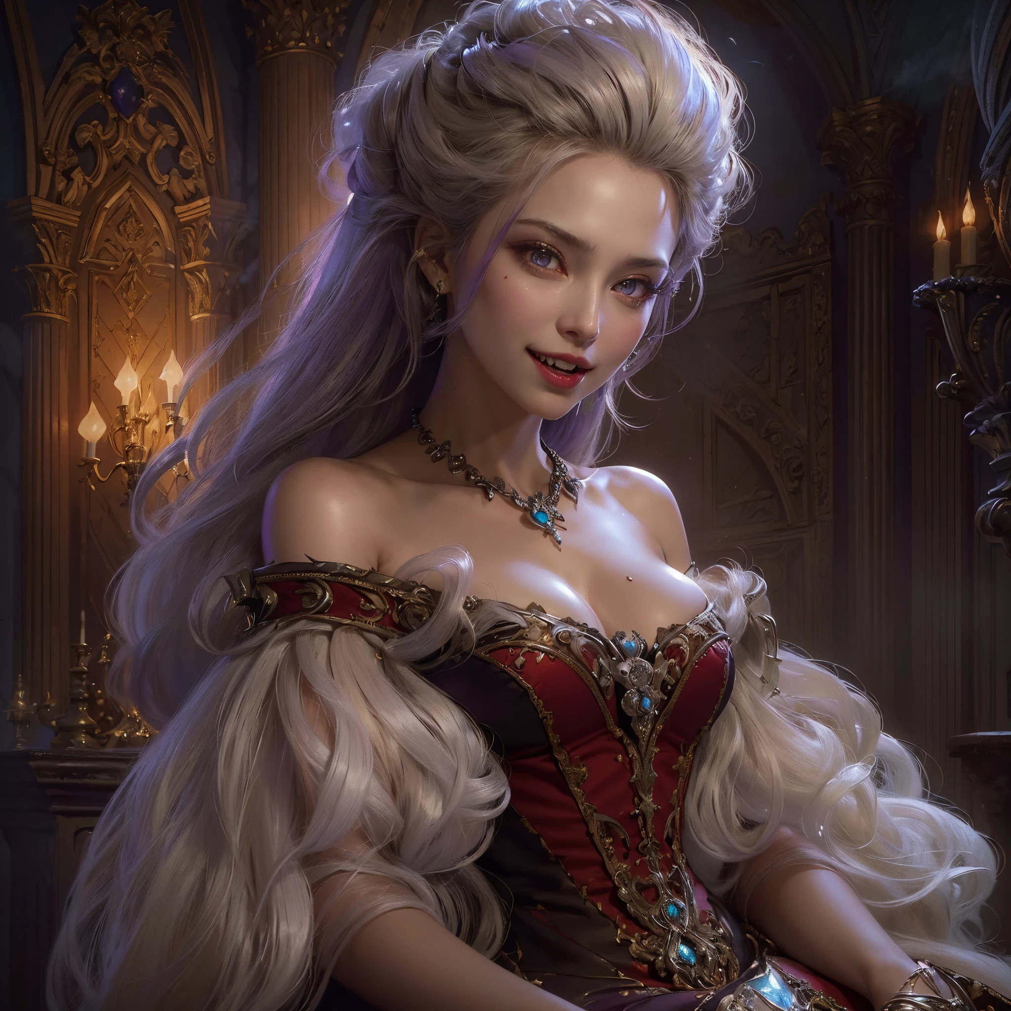 (Numerous award-winning masterpieces, with incredible detail, textures and maximum detail), (hyper realistic:1.4), (realistic:1.3), (Full body image:1.9), (upper body up:0.2), (best quality real texture skin), (five perfect and beautiful fingers:1.8), (Vampire nobility:1.6), (Vampire royalty:1.6), (Opens mouth wide and laughs happily:1.6), (Two thick, long, sharp vampire teeth visible from open-mouthed smiling lips: 1.7), (Seductive Gaze: 1.9), (finely detailed true circle Symmetrical eyes), (bewitching finely Detailed and beautiful face:1.6), (Image of aesthetic and decadent atmosphere: 1.6), (fair but beautiful skin and face: 1.6), (wearing many decadent and delicately crafted accessories: 1.8), (elegant and finely carved medieval rooms and furniture: 1.8), (Bio luminescent bright red eyes: 1.7), (Depraved Beauty: 1.6), (A pair of red eyes with strong red light emitting from within:1.7), (old luxurious dress in a calm dark color that covers the whole body is considerably damaged, but elegant and delicately made: 1.8), (elegant and luxuriously crafted accessories:1.8), (Less skin exposure:1.5), (Strong moonlight coming in from outside: 1.7), ((dramatic photo)), ((cinematic light)), (Full-length portrait:1.9), (looks up), (looking down), (dramatic pose), (smoke effects and bewitching light:1.4), beautiful white hair, beautiful silver hair, beautiful blonde hair, Wind Effects, (Drifting purple smoke: 1.3), Ruins of an old castle, Royal Underground Tombs, (dilapidated luxurious mansion:1.8), ((Dark nights, full moon nights, new moon nights)), epic realistic, faded, ((neutral colors)), art, (hdr:1.5), (muted colors:1.2), hyper detailed, (art station:1.5), cinematic, warm lights, light effect, dramatic light, (intricate details:1.1), complex background, (Greg rutkowski:0.8), (teal and orange:0.4),