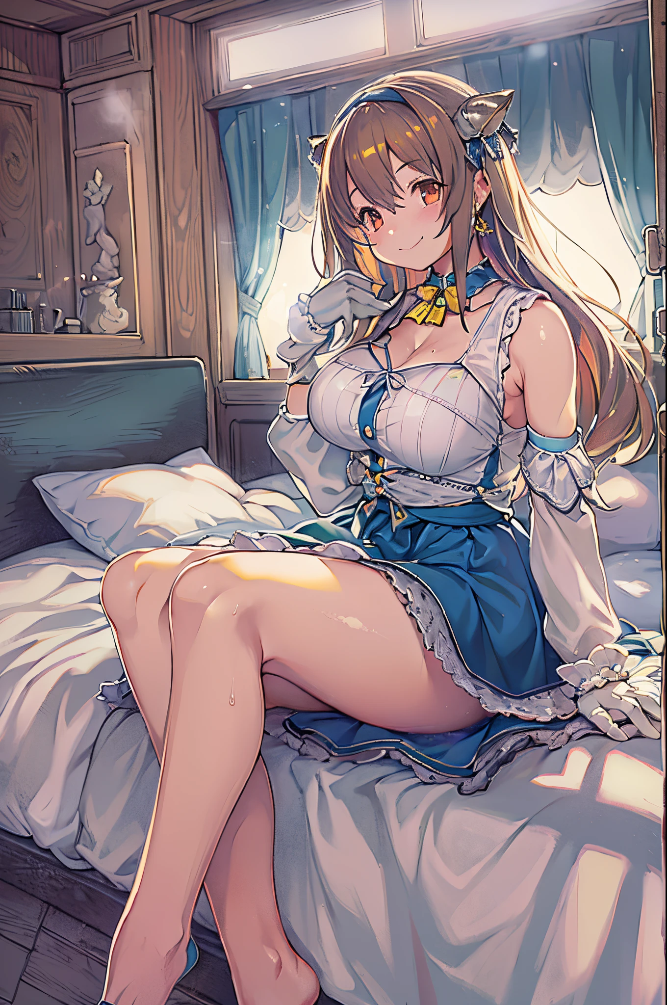 masterpiece, best quality, perfect body, full body, anime girl, 1 girl, light chestnut long hair, patsun, ponytail, light blue eyes, hanging eyes, pretty girl, big: 1.3, naked shirt, cleavage, curvaceous legs, shy look, boudoir, spread legs on bed