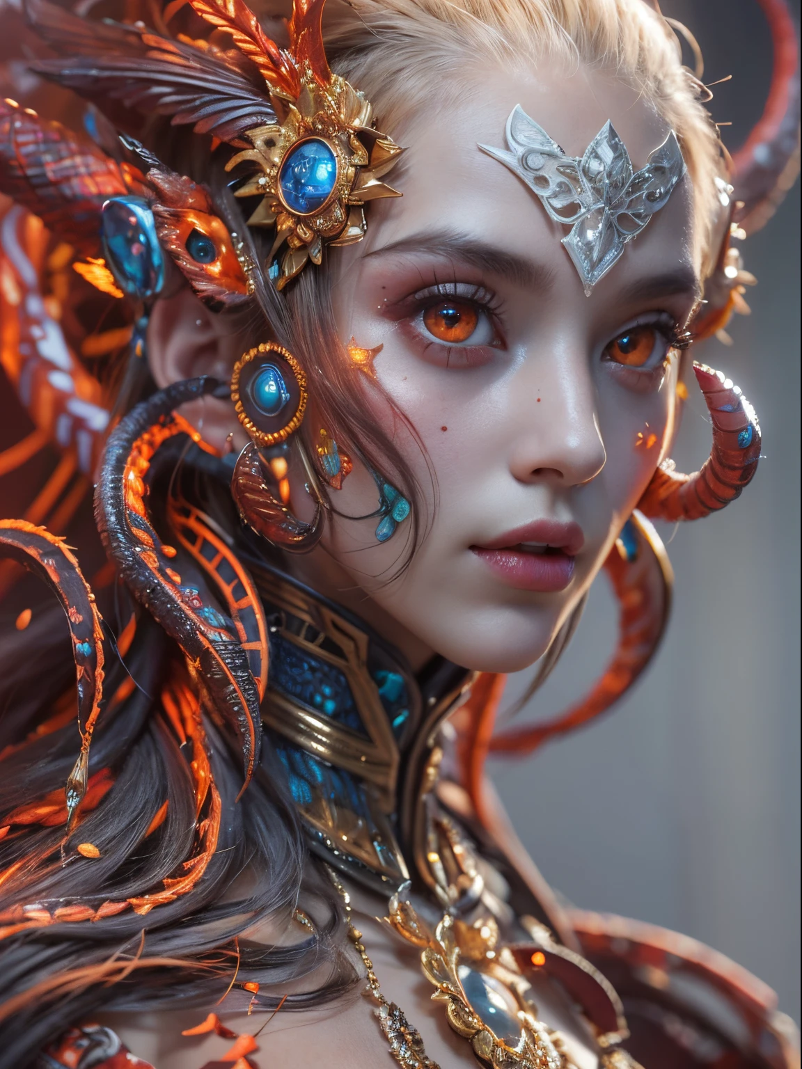 Female Alien, Beautiful face, seduces, red eyes, Full body like, A sexy, alien, No humans, an alien, cells are fused, Multiple hands, Lots of blue tentacle skin:1.5), extraterrestrial, cell, bio image, 魅惑的, Best Quality, 8K,,4K_quality, high_Definition,Dramatic Lighting, masutepiece:1.5,cinematic quality, detail up, Intricate details:1.2, 超A high resolution, High Definition, drawing faithfully, (Thick eyebrows:1.2), (Big scarlet eyes:1.6), Beautiful eyes with fine symmetry, (Ultra detailed eyes:1.2),(Highly detailed face and eyes:1.2), (High-resolution red-eye:1.4), Intimate face, (ultra detailed skin texture:1.4), Perfect Anatomy,  (Beautiful toned body:1.5),  (Moist skin:1.2), No makeup, (dark circles:1.1),