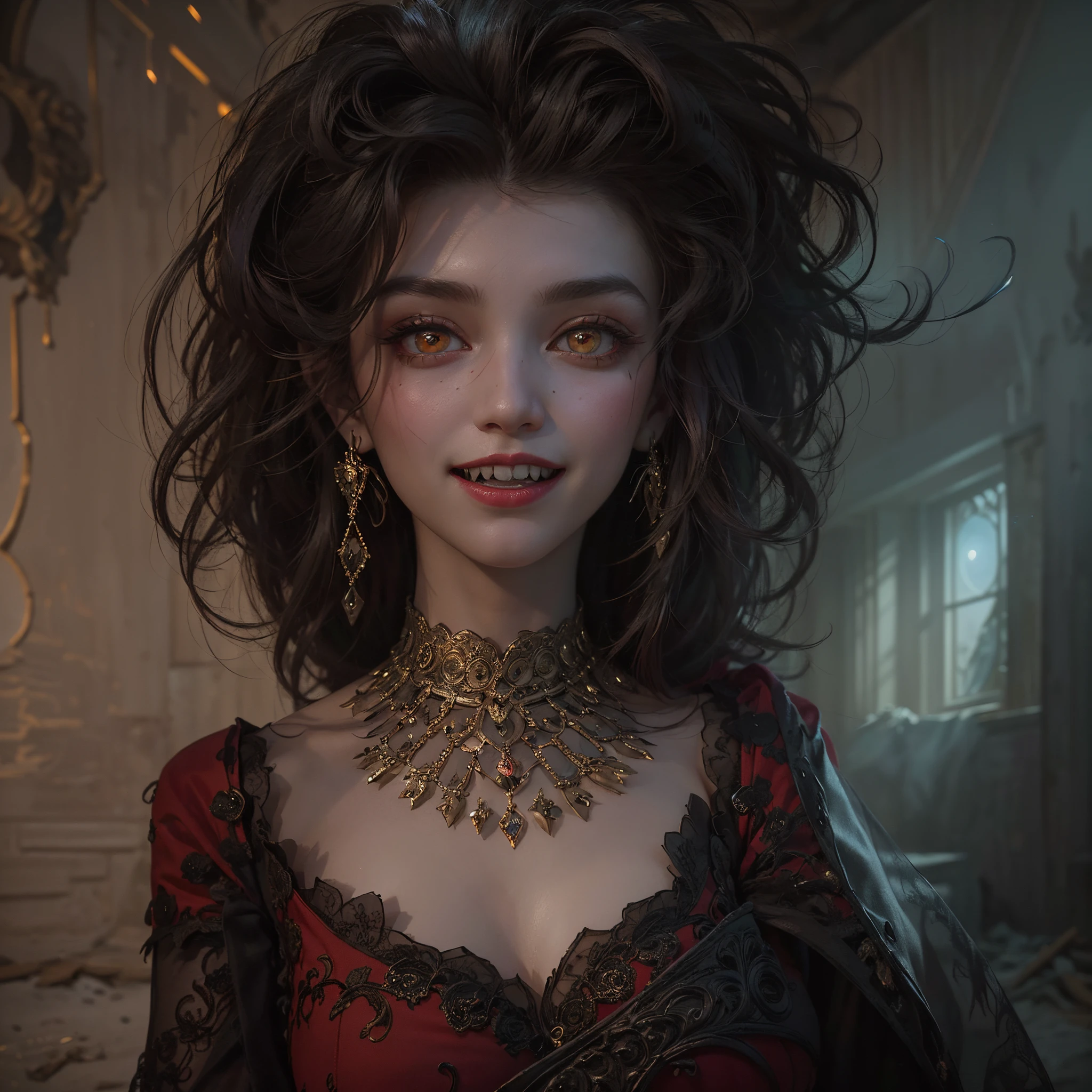 (Numerous award-winning masterpieces, with incredible detail, textures and maximum detail), (hyper realistic:1.4), (realistic:1.3), (Full body image:1.9), (upper body up:0.2), (best quality real texture skin), (five perfect and beautiful fingers:1.8), (Vampire nobility:1.6), (Vampire royalty:1.6), (Opens mouth wide and laughs happily:1.6), (Two thick, long, sharp vampire teeth visible from open-mouthed smiling lips: 1.7), (Seductive Gaze: 1.9), (finely detailed true circle Symmetrical eyes), (bewitching finely Detailed and beautiful face:1.6), (Image of aesthetic and decadent atmosphere: 1.6), (fair but beautiful skin and face: 1.6), (wearing many decadent and delicately crafted accessories: 1.8), (elegant and finely carved medieval rooms and furniture: 1.8), (Bio luminescent bright red eyes: 1.7), (Depraved Beauty: 1.6), (A pair of red eyes with strong red light emitting from within:1.7), (old luxurious dress in a calm dark color that covers the whole body is considerably damaged, but elegant and delicately made: 1.8), (elegant and luxuriously crafted accessories:1.8), (Less skin exposure:1.5), (Strong moonlight coming in from outside: 1.7), ((dramatic photo)), ((cinematic light)), (Full-length portrait:1.9), (looks up), (looking down), (dramatic pose), (smoke effects and bewitching light:1.4), beautiful white hair, beautiful silver hair, beautiful blonde hair, Wind Effects, (Drifting purple smoke: 1.3), Ruins of an old castle, Royal Underground Tombs, (dilapidated luxurious mansion:1.8), ((Dark nights, full moon nights, new moon nights)), epic realistic, faded, ((neutral colors)), art, (hdr:1.5), (muted colors:1.2), hyper detailed, (art station:1.5), cinematic, warm lights, light effect, dramatic light, (intricate details:1.1), complex background, (Greg rutkowski:0.8), (teal and orange:0.4),