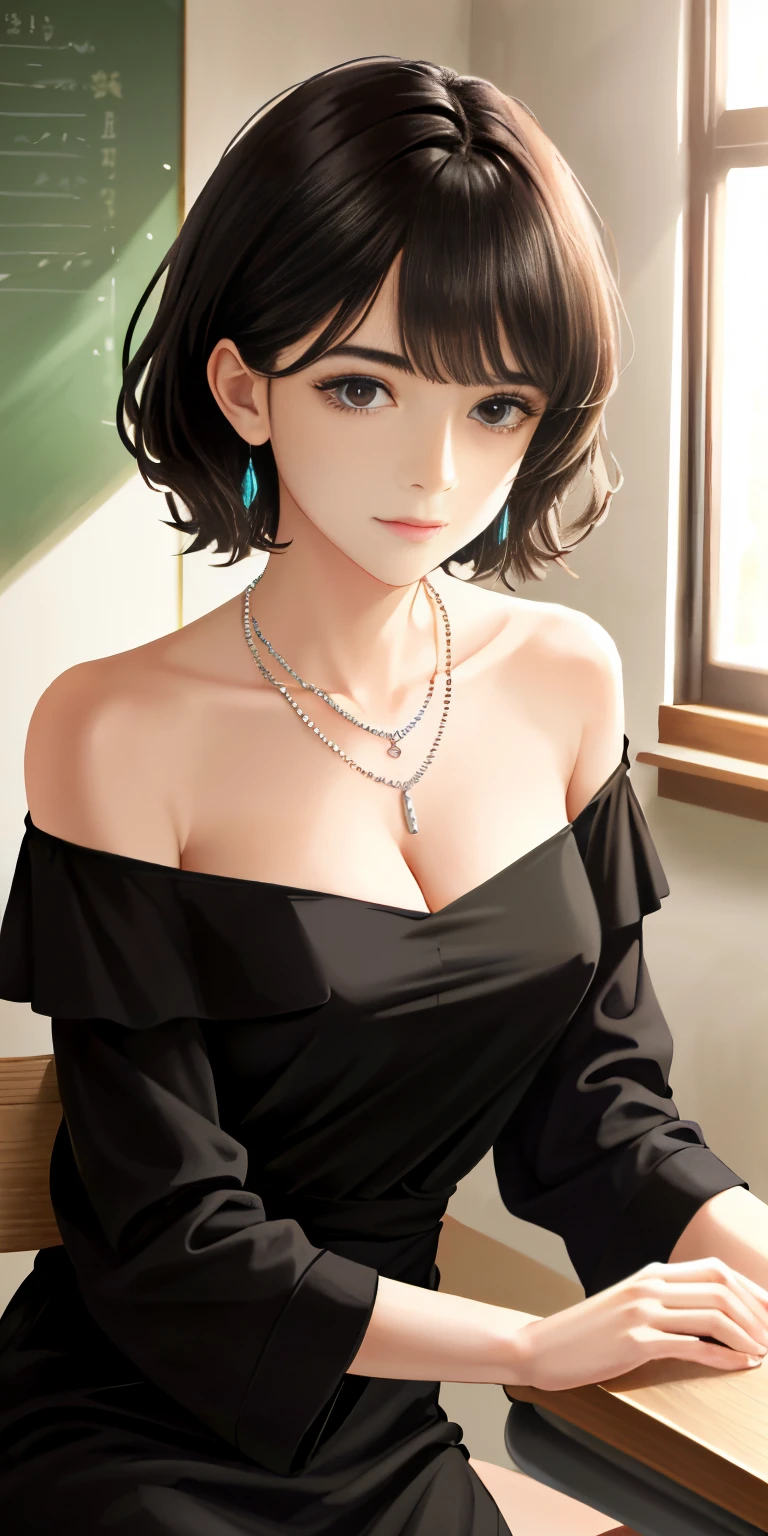 ((Beautiful face)), Very delicate facial,creamy ,masutepiece, 1girl in, Best Quality, 超A high resolution, (Photorealistic:1.4),full_Body,,Tender Shining,Great scene lighting,(in class room), ((black off-shoulder dress)),look at the audience,Necklace