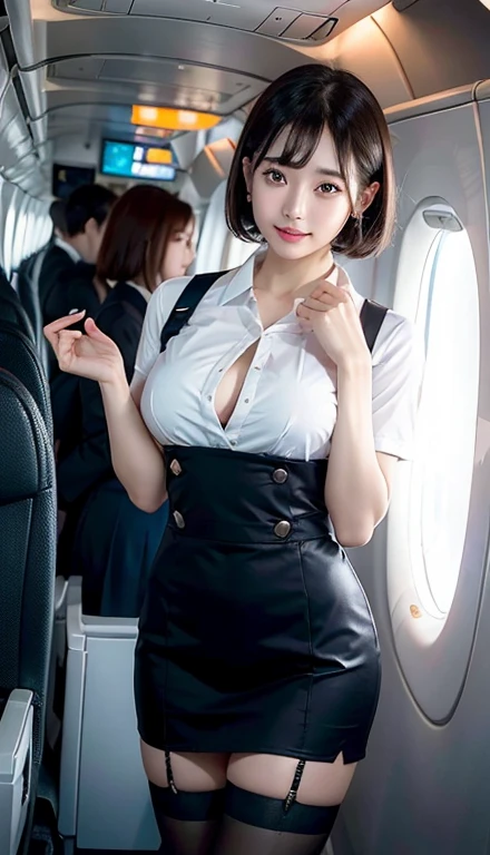 8K, masutepiece, Raw photo, Best Quality, Photorealistic, High-definition CG unified in 8K, 8K, Diamond, and wallpapers, depth of fields, Cinematic Light, Lens Flare, Ray tracing, (Extremely beautiful face, Beautiful lips, Beautiful eyes), intricate detail face, ((Ultra detailed skin)) 1girll, In the Dark, deepshadow, Pretty Korean girl, Kpop Idol, Photograph of a woman standing in an airplane aisle,Flight attendants at work、Wearing a white flight attendant uniform,Tying up hair、God One、Hairpin、grey skirt、scarf、pinafore、Stewardess、skirt by the,(Very slim:1.3), (Black pantyhose:1.3),Standard flight attendant uniform in indigo color, ((Colossal tits:1.0)),Bajra、being thin,red rip,黑The eye,(unholy:0.9),cross leg,(Textured fabrics:0.9),looking at viewert, (pale skin), (Big eyes),(ssmile:0.8),Flirting with the camera,(Metallic fabric:0.5),very intricate,(realisticlying,primitive:1.5), facial detailing, low quality photograph, highly contrast, In-flight, slender, bow-shaped, 、Black stockings、Absolute area、Slender big、Brown-eyed、For glitter、Very short shorthair、Show off your beautiful legs、Focus on the thighs、Seduction Pose、Black stockings、Show the collarbone