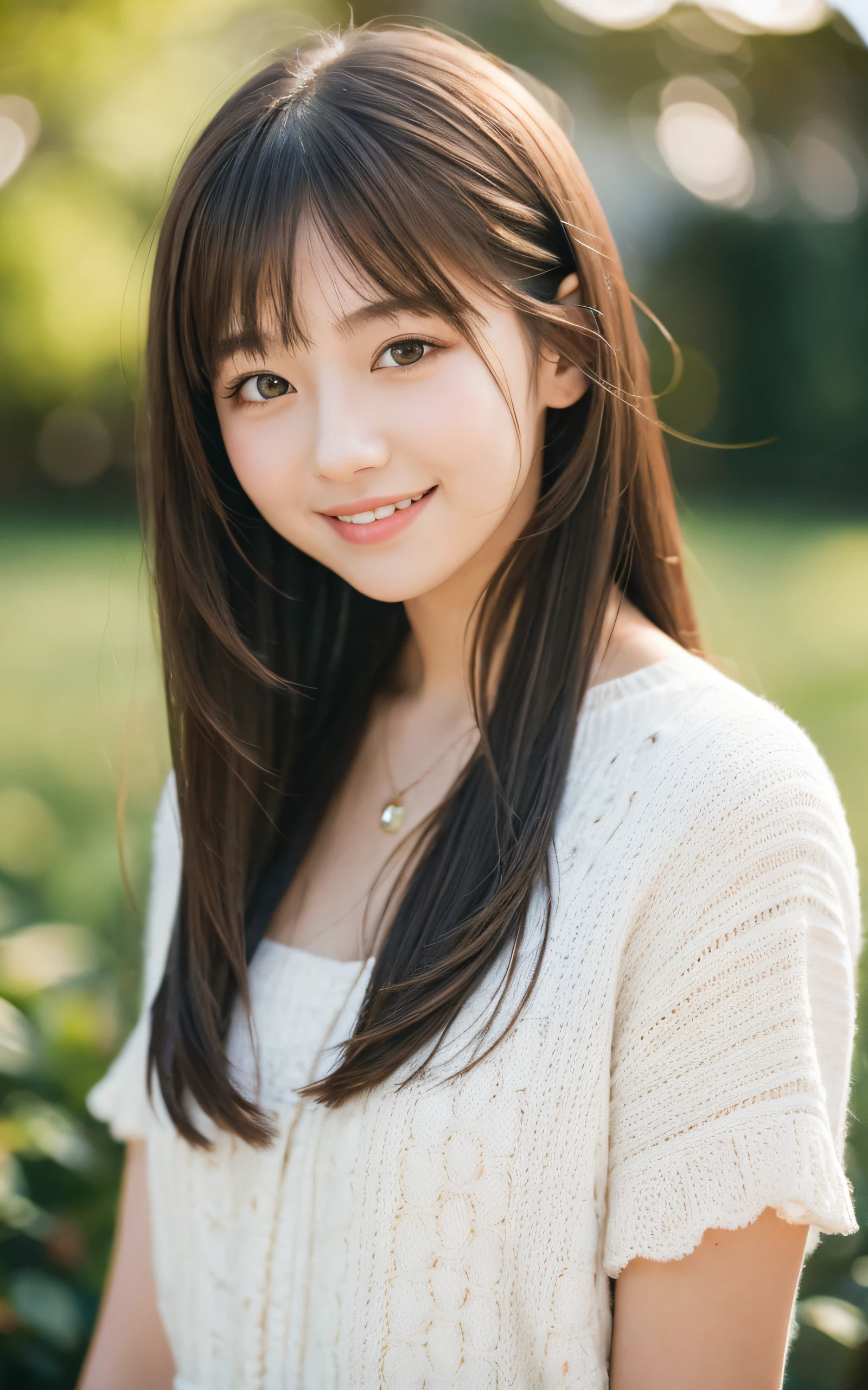 masutepiece, Best Quality, 8K, 1 girl, 20 yo, Closed mouth, Happy smile, Full body, (Full body:1.4), Solo, Cute, Girly, Delicate girl, Neat and clean beauty, Raw photo, Professional Photography, Portrait, Soft light, Professional Lighting, Back lighting, Look away, looking at away, Sophisticated, Film grain, (Eyes and faces with detailed:1.0), medium length floating hair, Beautiful flowing hair, Bangs