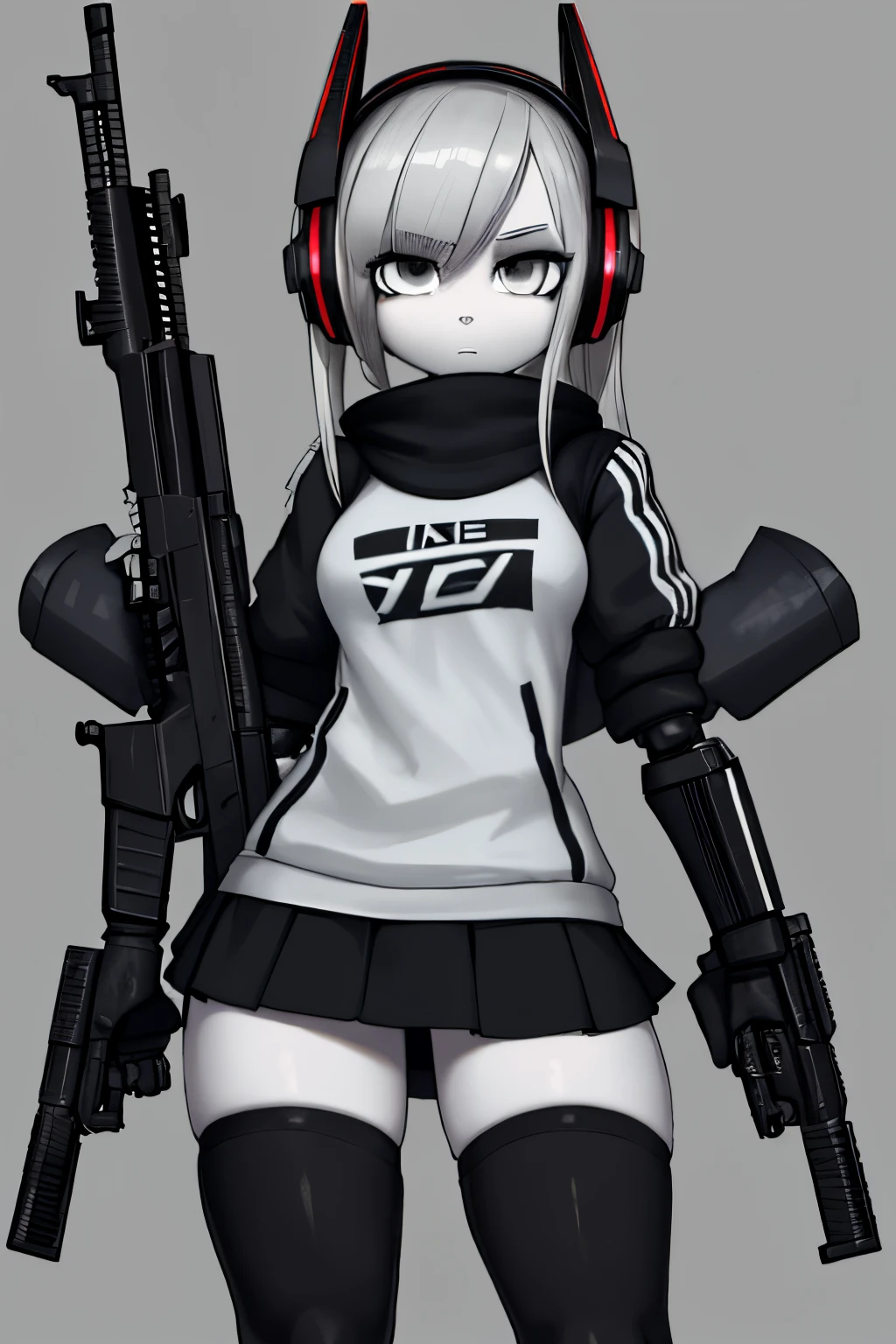 masterpiece, 8k, perfect face, girl in cyberpunk adidas clothes, mecha, standing, simple background, holding rifle with two arms, dark ambient, moody grey, white hair, black mini-skirt, blac stockings, cool snickers, headphones