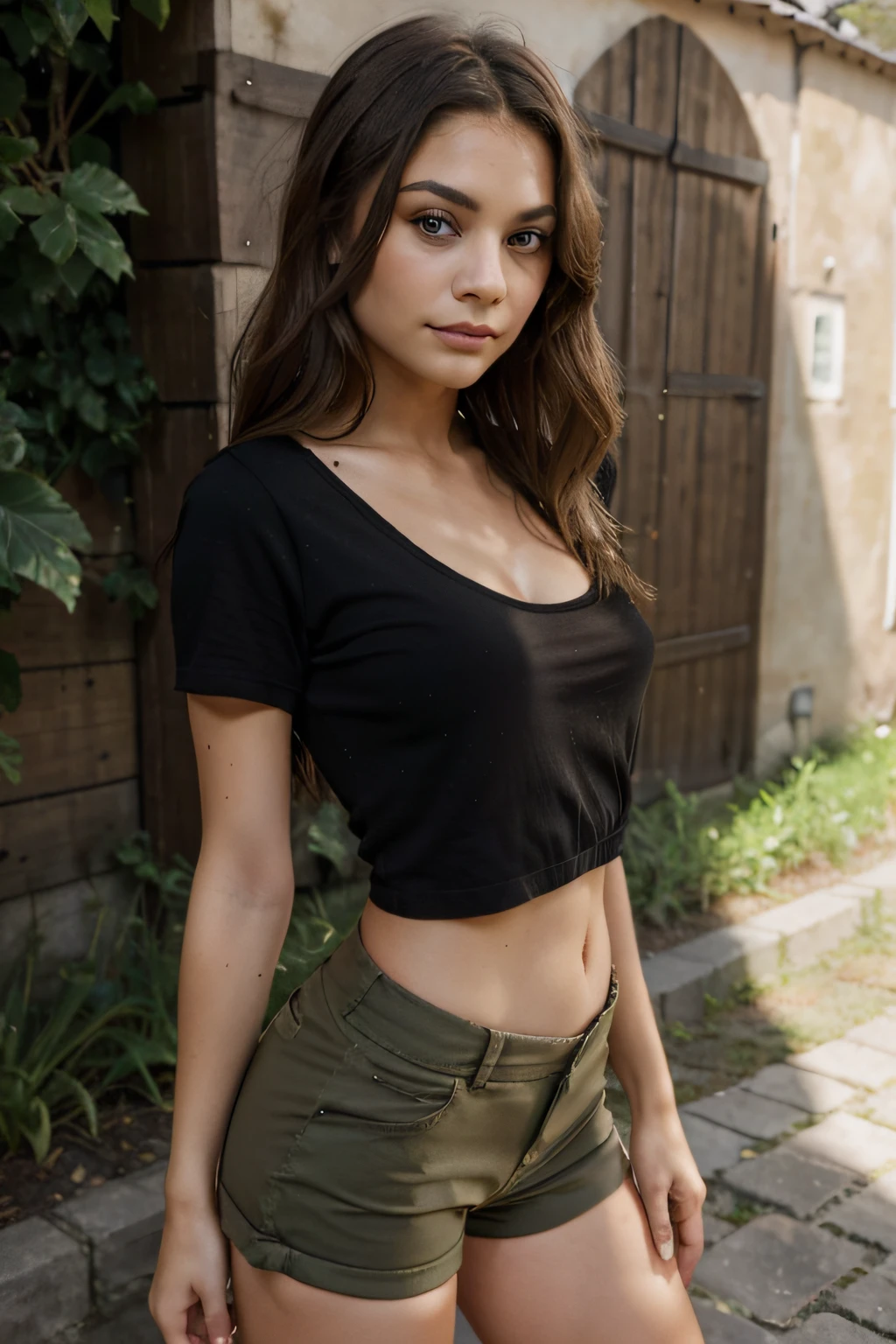 Frauen sitzen in der Sonne, Pflanzen, He wears a long khaki green T-shirt, Schwarze Shorts tragen, gewelltes dunkelbraunes Haar, young woman, ohne Make-up, Natural makeup, Blick direkt in die Kamera, dezentes Make-up, Stunning full body shot, durchdringende braune Augen, Nice angle, attraktive Pose, Cute girl, Latein, Vanessa Hudgens, Kinnspalte, Full body image, full entire body, full body shoot, Hohe Detailgenauigkeit, Zufriedene Pose, small ?????, schlanke Karosserie (beautiful detailed face, beautiful detailed eyeraungebrannt, glow, schwitzen, (Sonnenstrahl, Sonnenlicht),