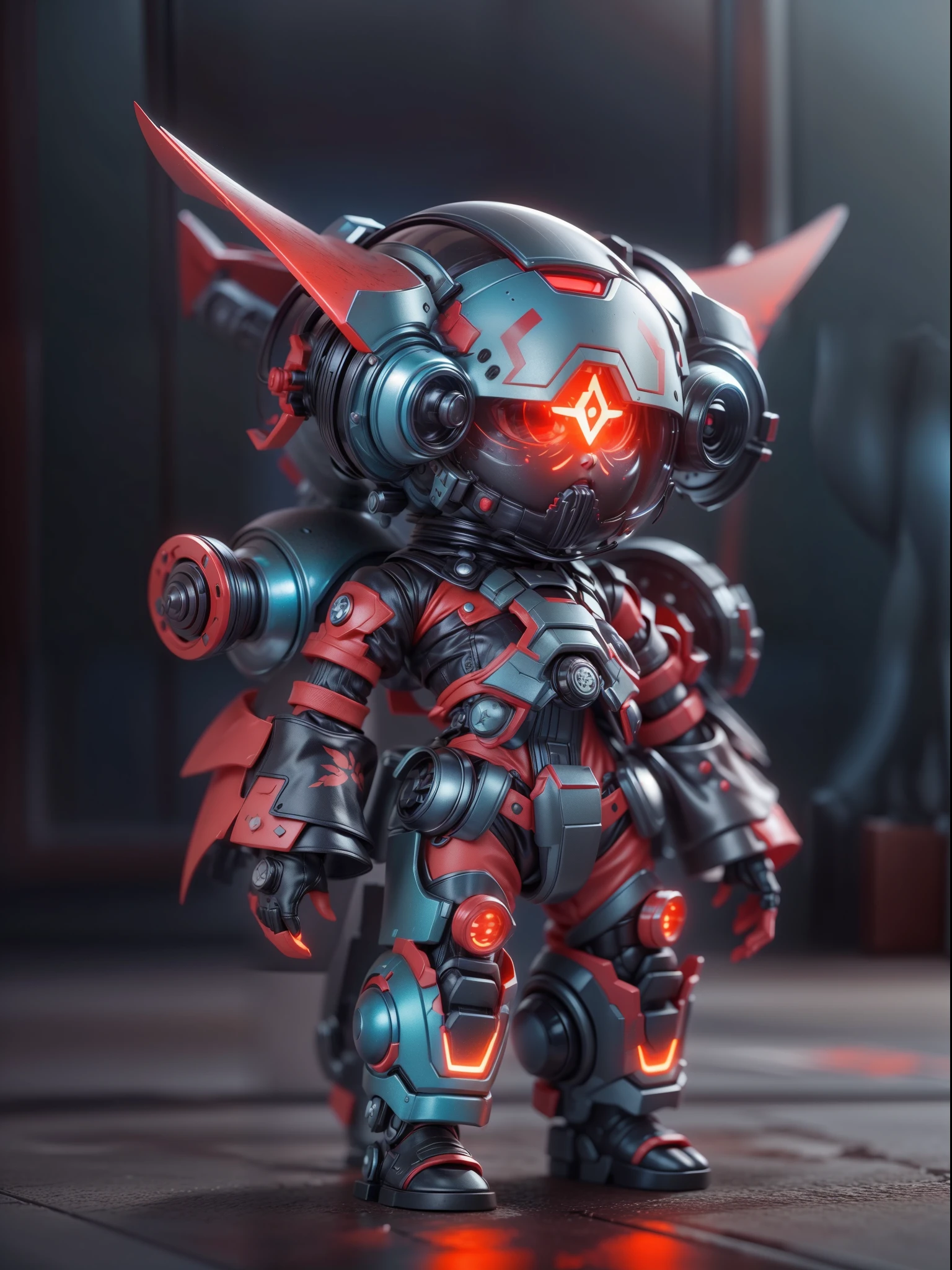 (Blind box toy style:1.2), (Full body shot) , 1 cute strong metal mage, Metal mech，Metal opaque helmet, cyber punk perssonage, dreamy glow, Clean, Black draft,red and blue style， ( Global illumination, Ray traching, hdr, unreal render,reasonable design, high detal, Masterpiece, Best quality, hyper HD, Cinematic lighting)