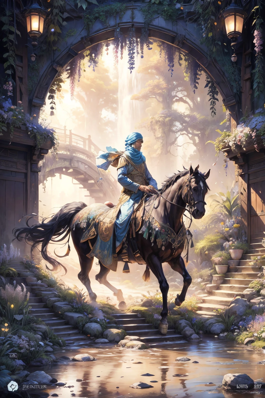 Garden painting with waterfalls and bridges, floral environment, Anime landscape concept art, Anime background art, Magical environment, arte de fundo, landscape artwork, fantasy magical vegetation, fantasy painterly style, whimsical fantasy landscape art, in bloom greenhouse, Beautiful environment, dreamy and detailed, very detailed digital painting, art nouveau jungle environment, the grand temple of flowers,Chinese style elements,an osmanthus tree,Pashtun muslim men, riding horses in front, traditional Pashtun men dress
