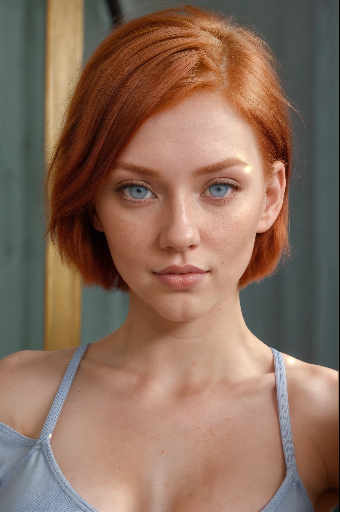 an eye contact of a Red haired blue eyed girl short hair oval face narrow nose glasses, ((blue eyes:1.1)), ((Joana Gate 23 years old)), ((instagram model)) flirting with camera,  amazing body, (fit body:1.5), Highest Quality, masterpiece, (Split lighting photography), Highly detailed photo