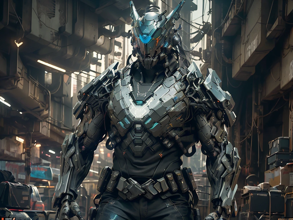 A cinematic action scene of a cyberpunk muscular Special Forces cyborg, Helmet with holographic optics, Dark dystopian aesthetics of science fiction, Dystopian city in the background, at night, Dynamic angle, Cinematic lighting, altamente detalhado, hiper-realista, (corpo inteiro:1.2)