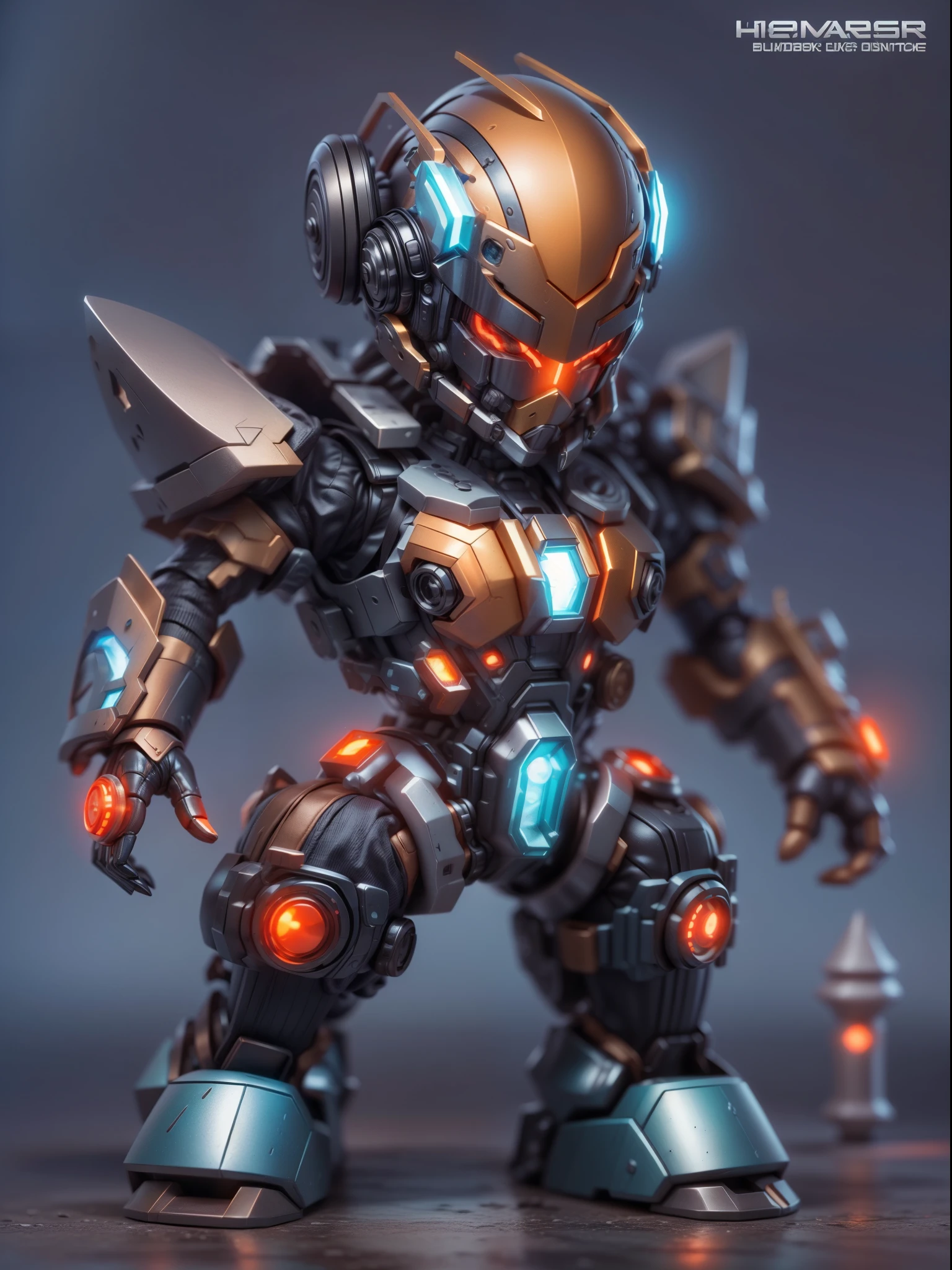 (Blind box toy style:1.2), (Full body shot) , 1 cute strong metal mage, Metal mech，Metal opaque helmet, cyber punk perssonage, dreamy glow, Clean, Black draft,red and blue style， ( Global illumination, Ray traching, hdr, unreal render,reasonable design, high detal, Masterpiece, Best quality, hyper HD, Cinematic lighting)