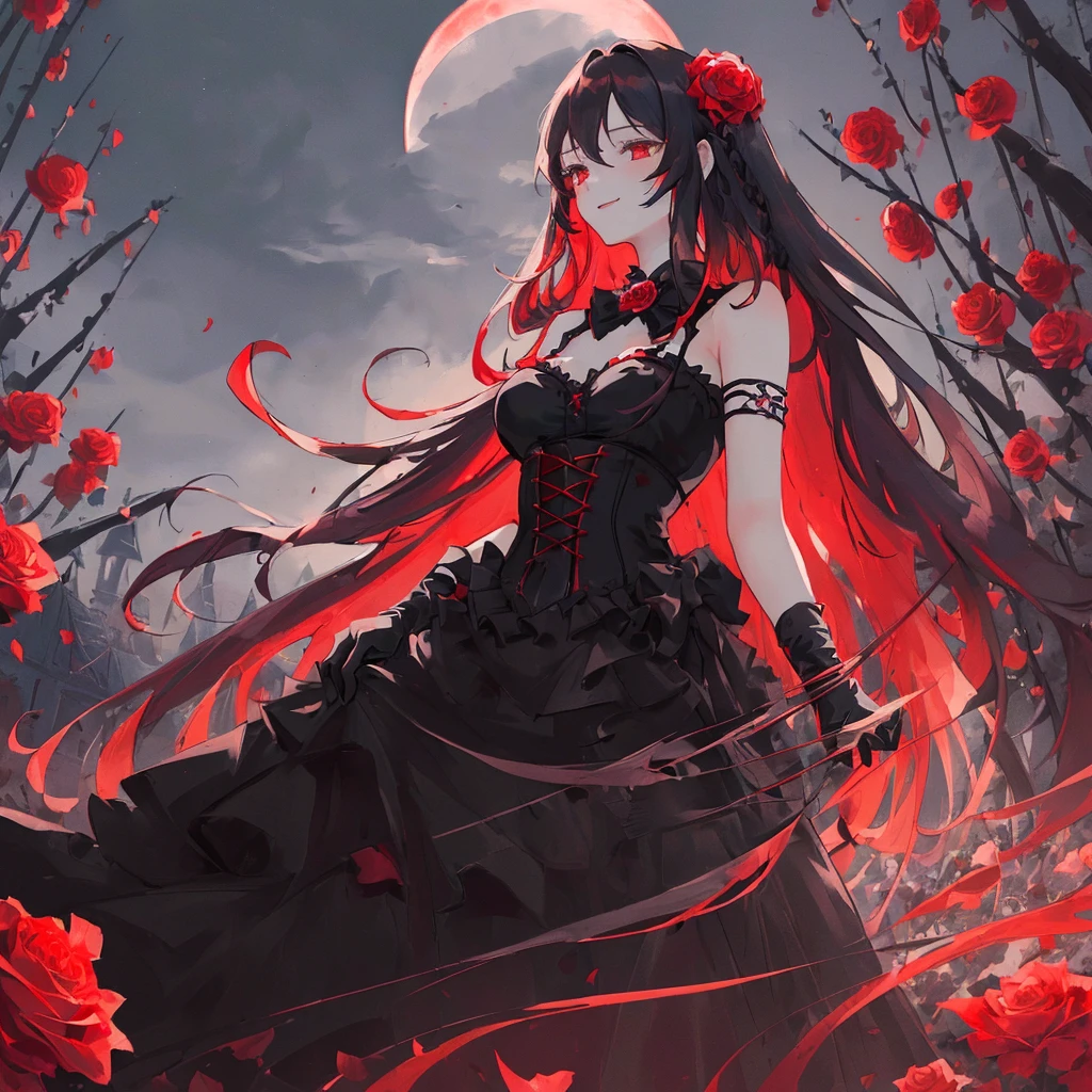happy,(((masterpiece))),best quality,,black corset dress,(((Hair length to the shoulders))),from below,red long hair, (1 girl),hand in own hair,rose flower garden,wind,red eye,looking up,((night sky)),((red moon)),standing,black gloves,red rose hair ornaments,moonlight